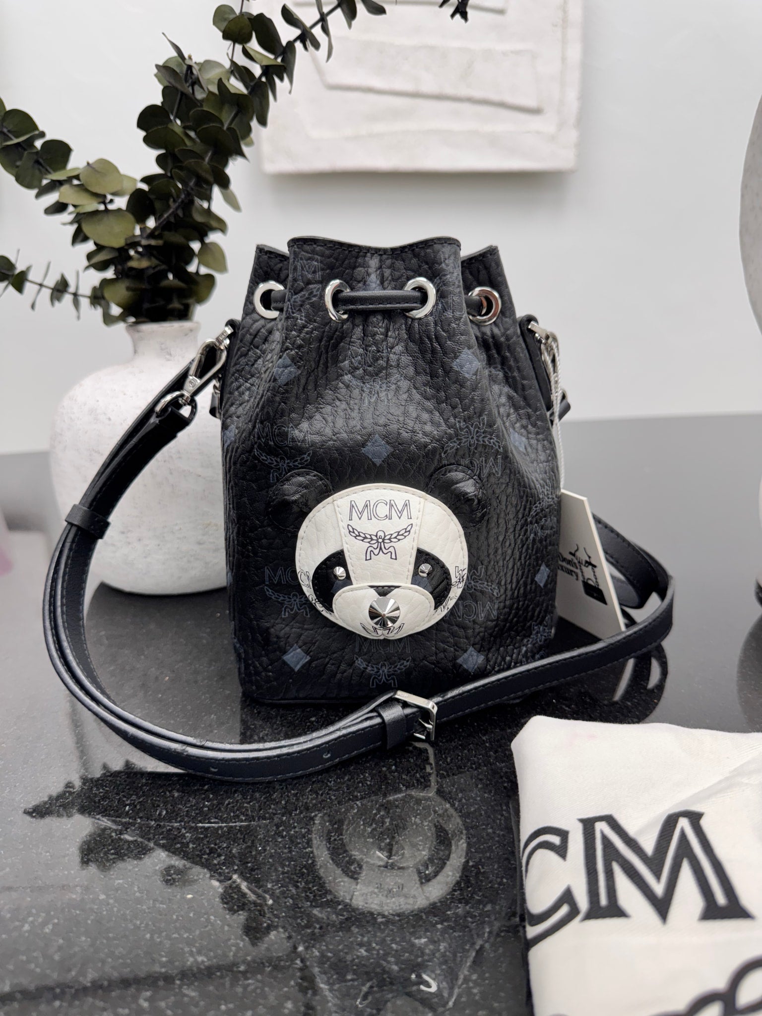 MCM Black Visetos Leather Panda Drawstring Bucket Bag