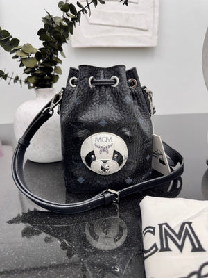 MCM Black Visetos Leather Panda Drawstring Bucket Bag