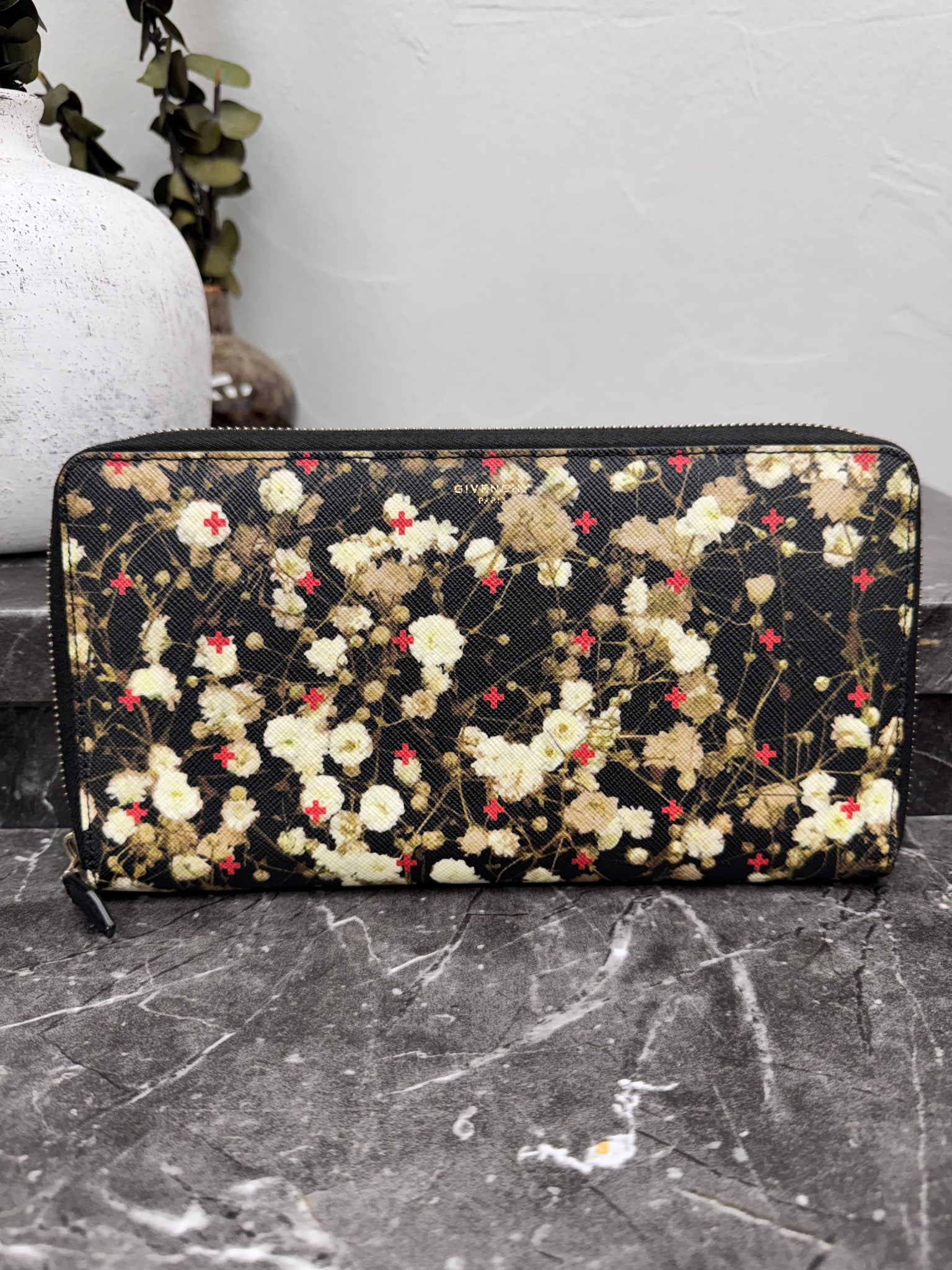 Givenchy Black Floral Coated Canvas Long Zippy Wallet