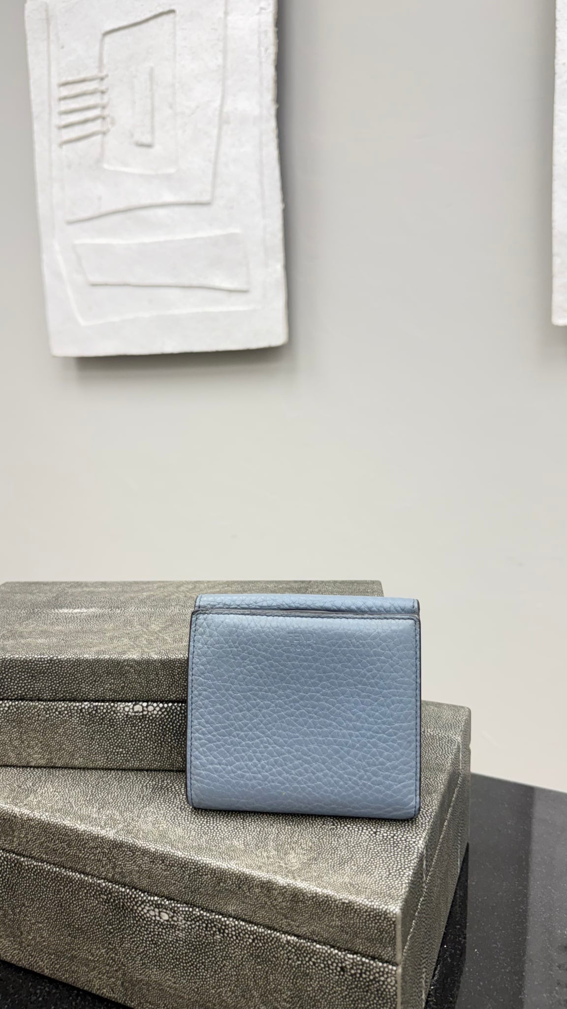 Fendi Blue Pebbled Leather Peekaboo Micro Trifold Wallet