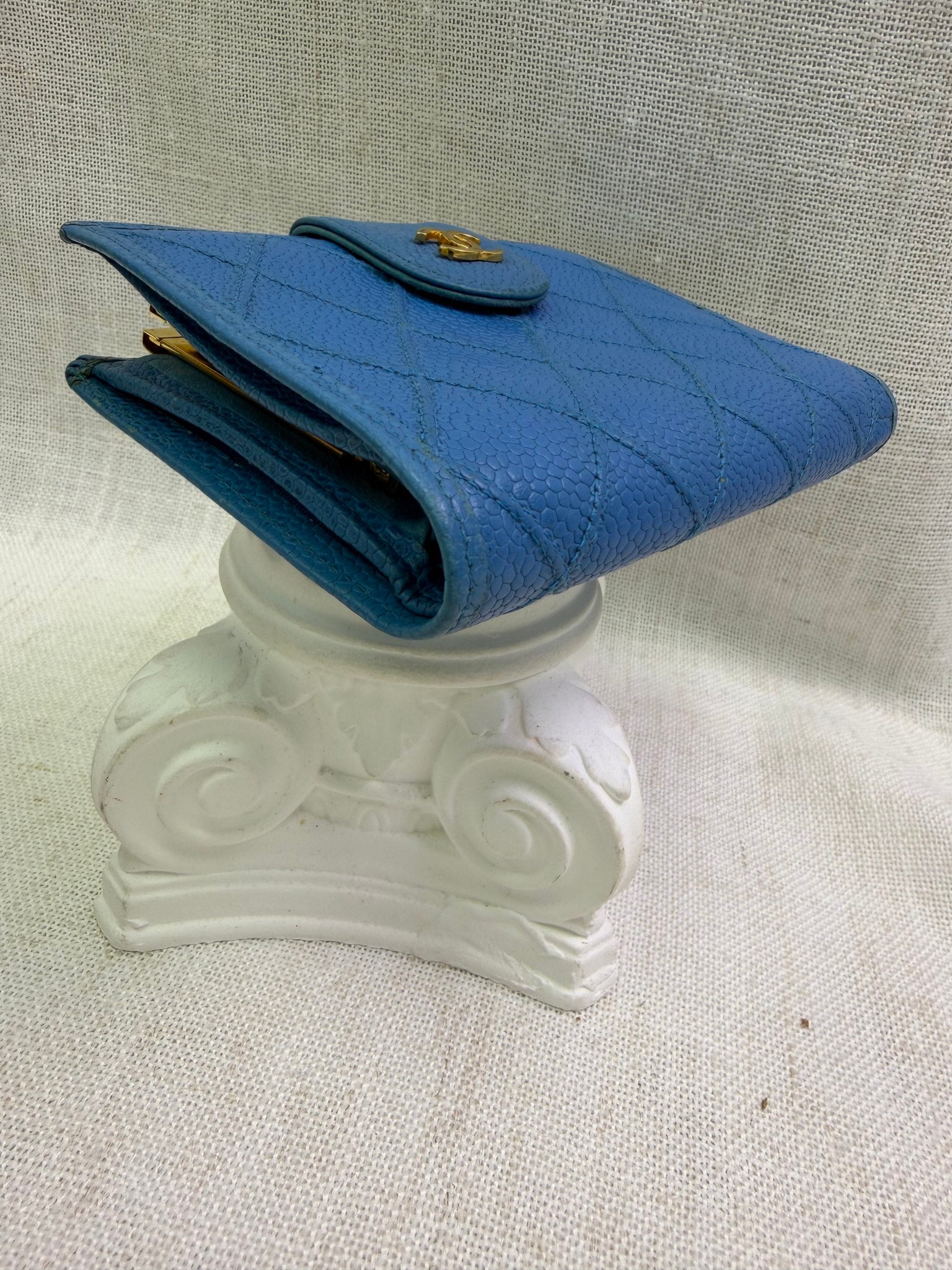 Chanel Blue Quilted Caviar Kisslock Compact Wallet