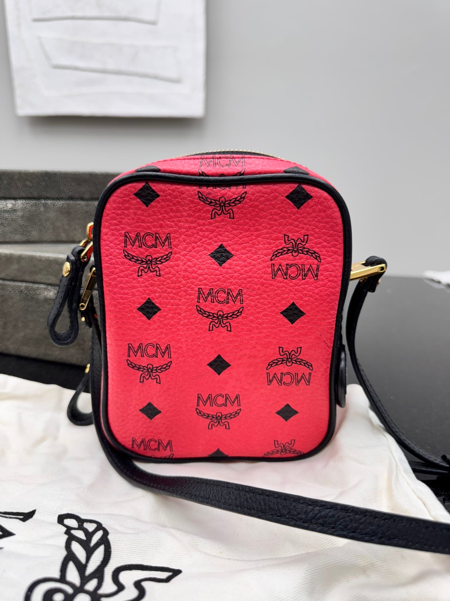 MCM Coral Visetos Grained Leather Studded Crossbody Bag