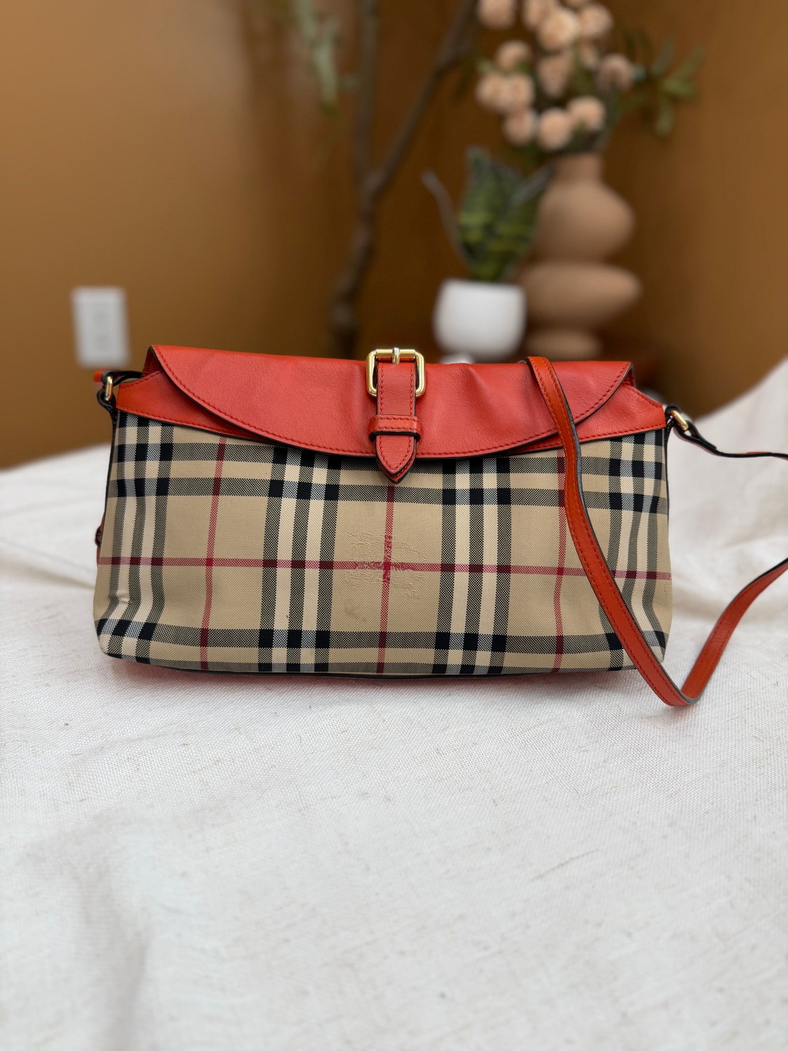 Burberry Tan Canvas And Orange Leather Leah Crossbody Bag