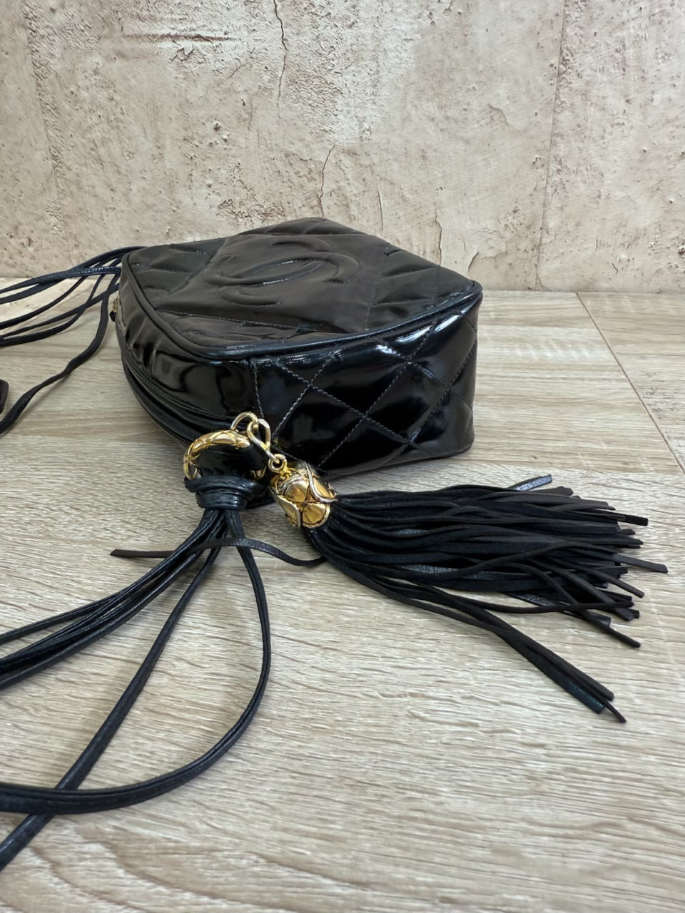 Chanel Black Quilted Patent Leather Tassel Camera Bag