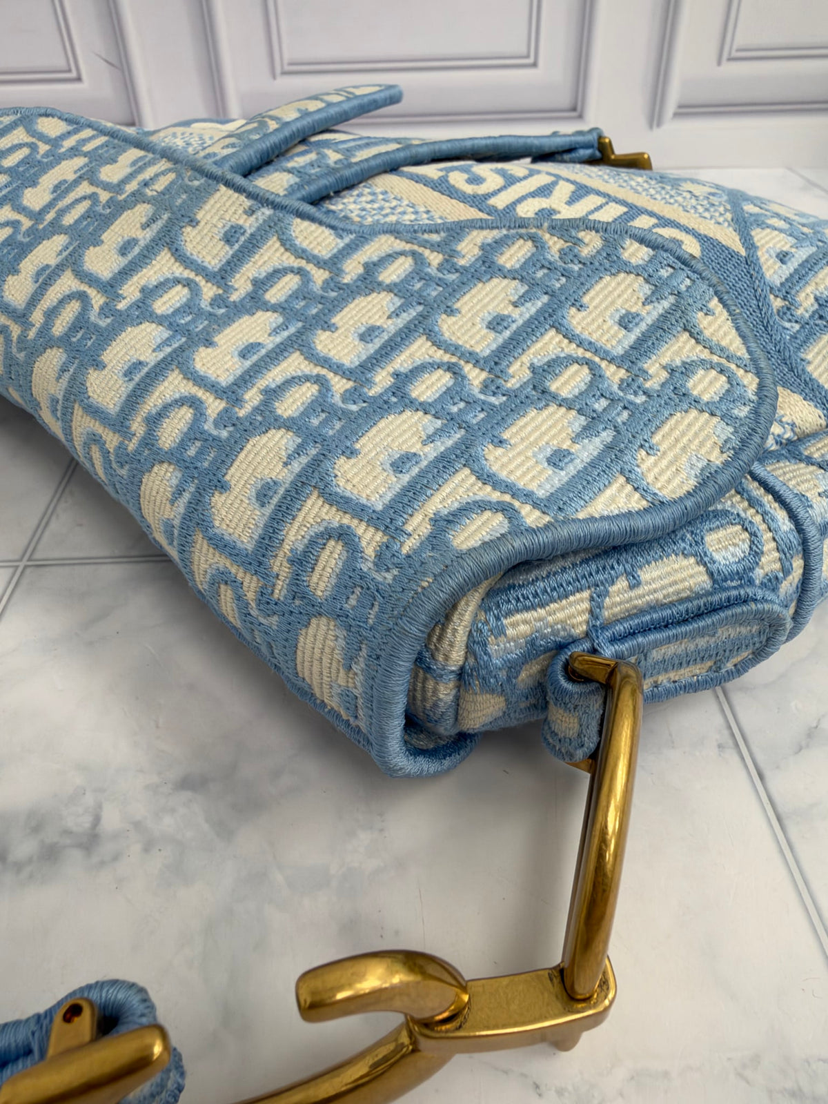 Christian Dior Baby Blue Oblique Embroidered Canvas Medium Saddle Bag