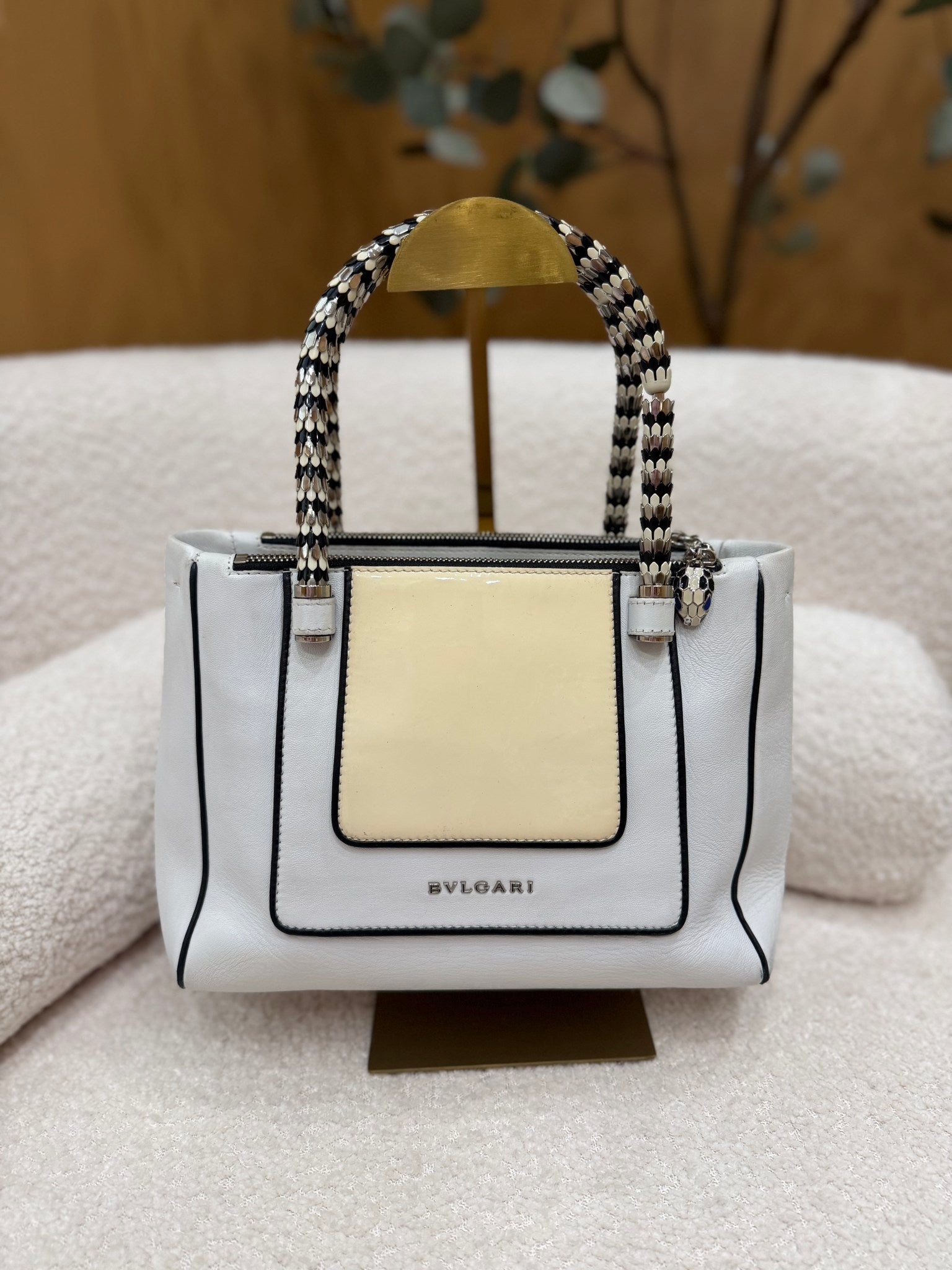 Bvlgari White Leather Serpenti Scaglie Tote Bag