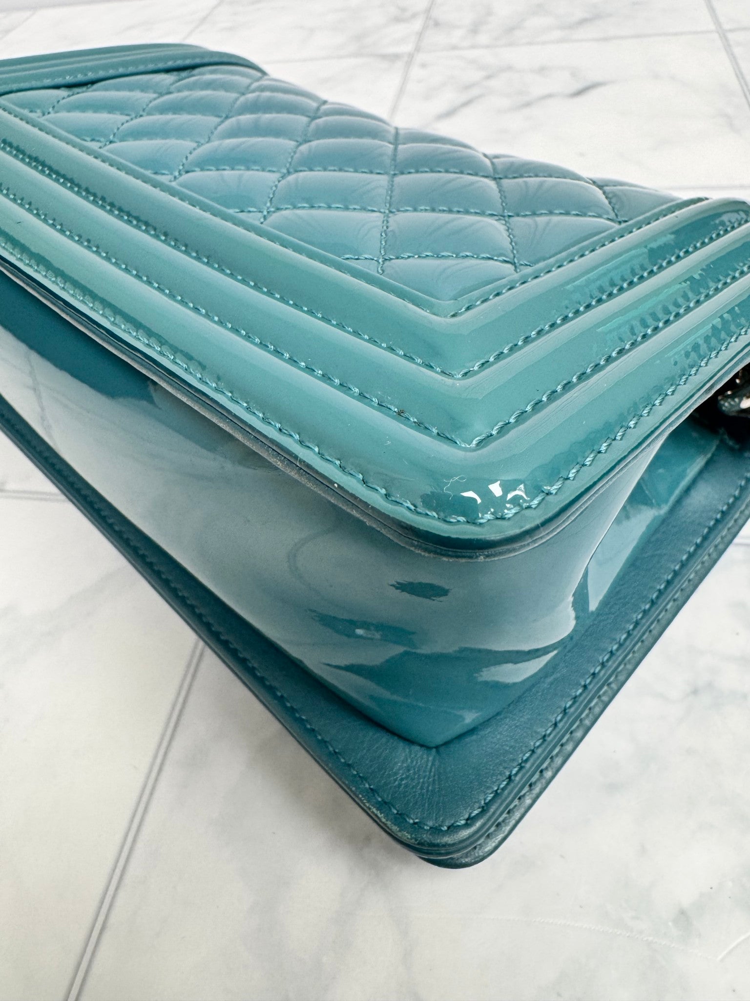 Chanel Teal Diamond Quilted Patent Leather Boy Flap Shoulder Bag