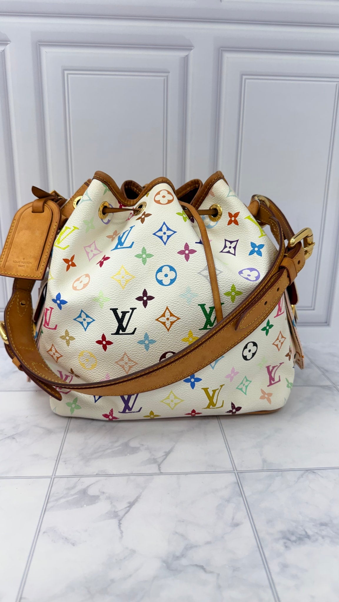Louis Vuitton White Multicolor Monogram Petit Noe Bucket Shoulder Bag 