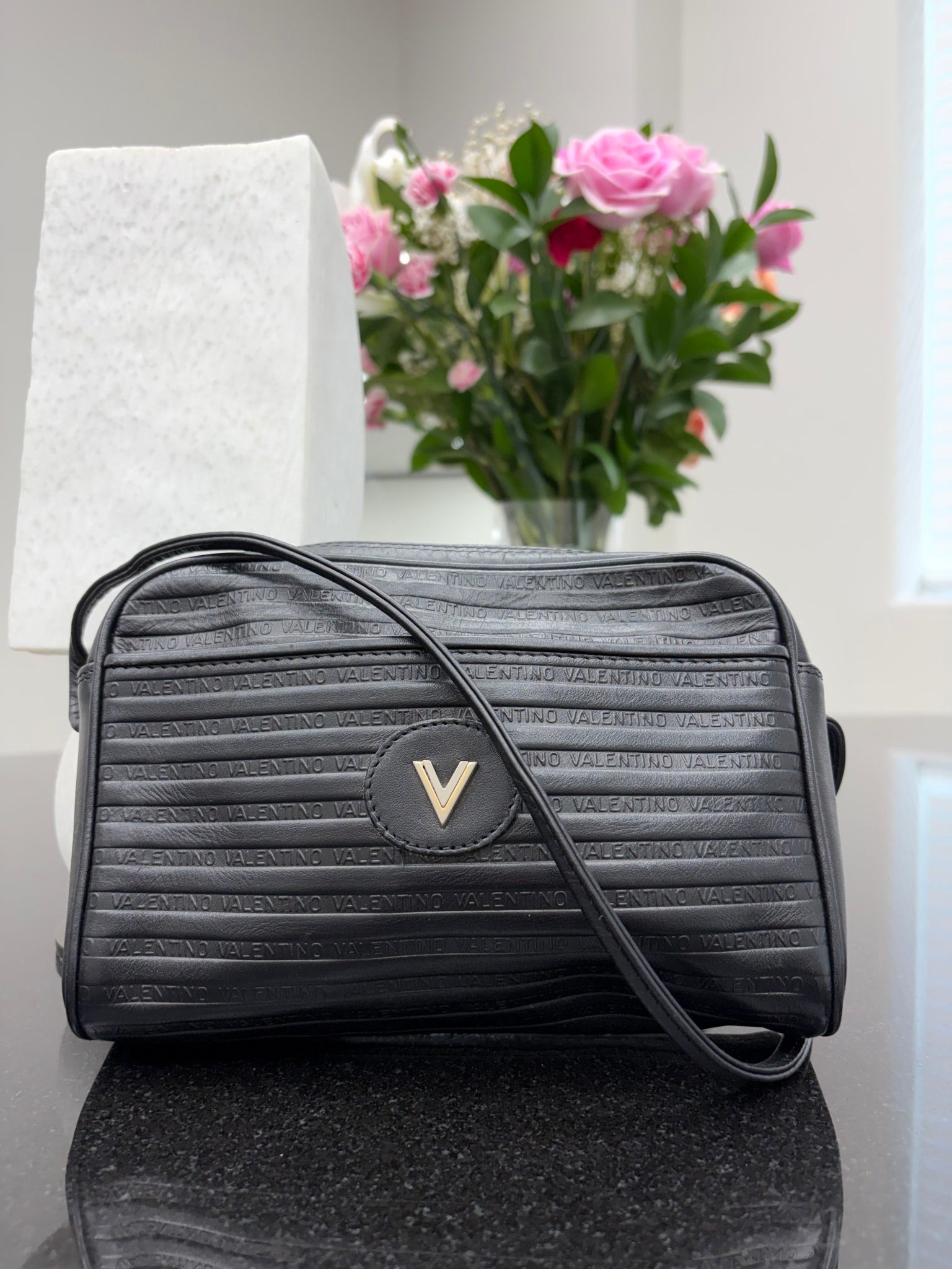 Valentino Black Logo Embossed Crossbody Bag 