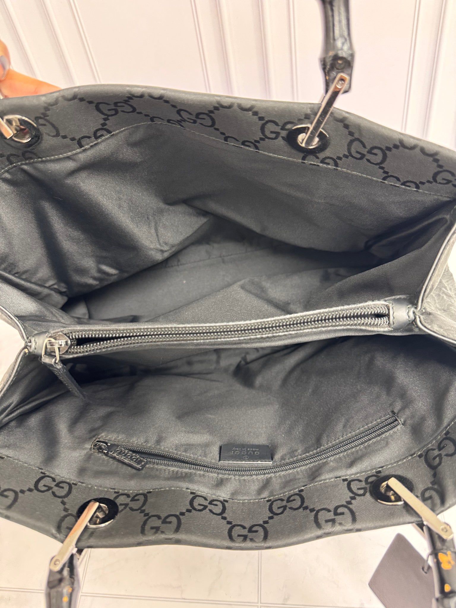 Gucci Black GG Supreme Nylon Medium Bamboo Tote Bag