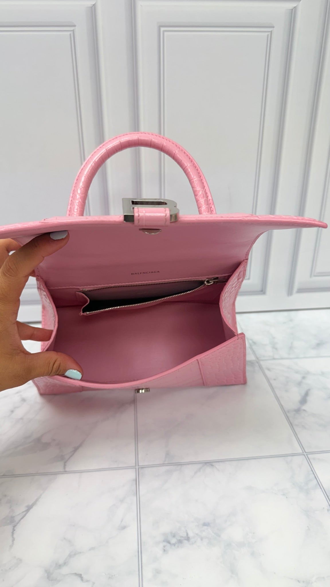 Balenciaga Pink Croc Embossed Leather Hourglass Top Handle Bag 