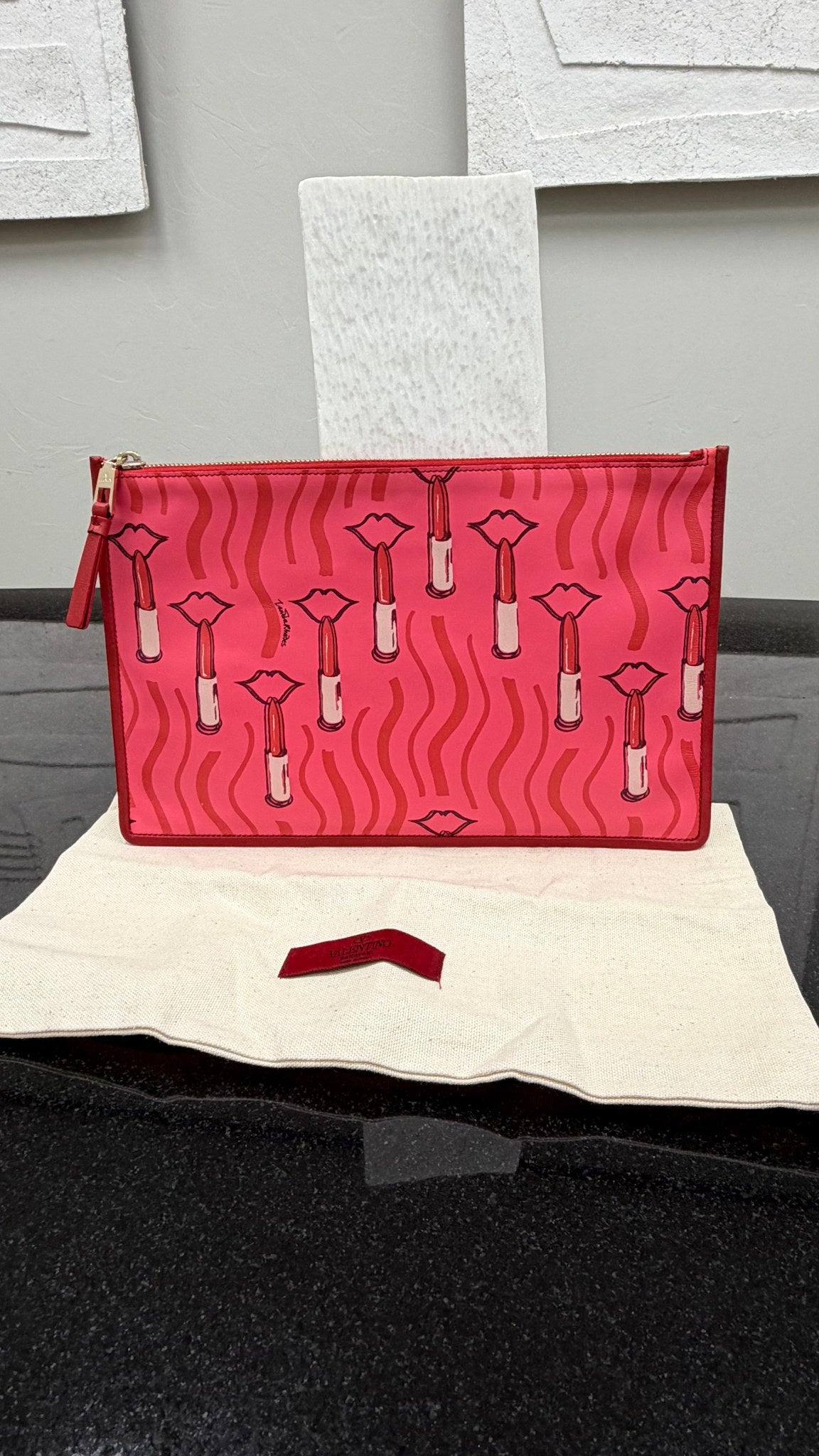 Valentino PINK Lipstick Printed Leather Pouch