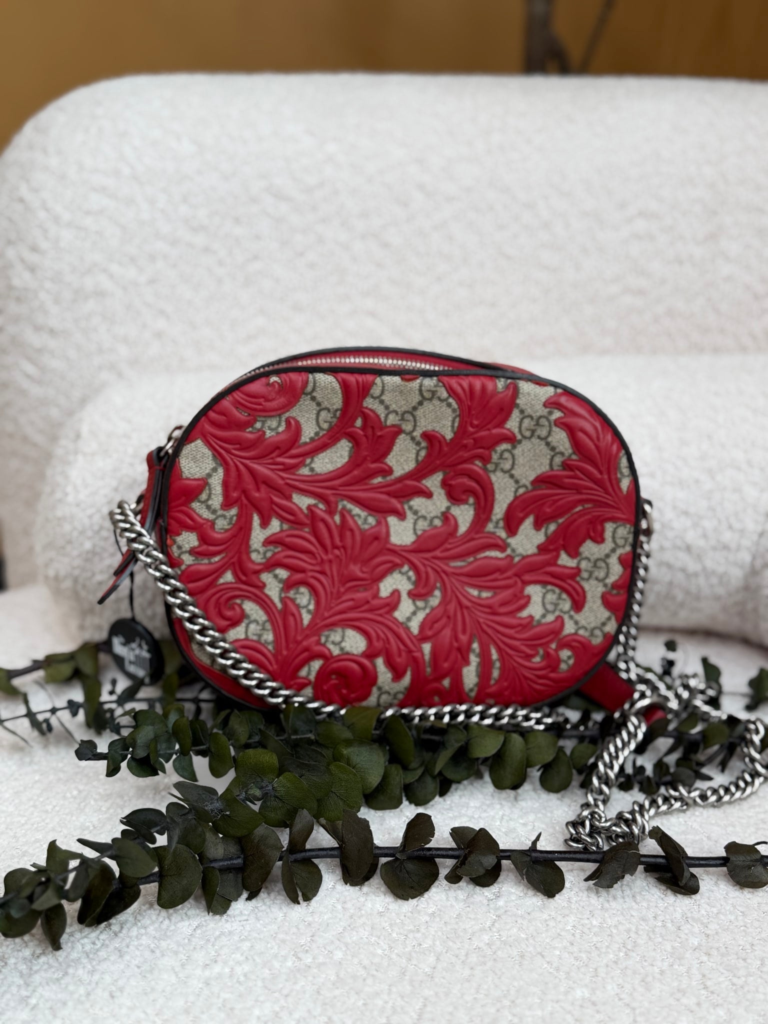 Gucci Red And GG Print Arabesque Chain Crossbody Bag