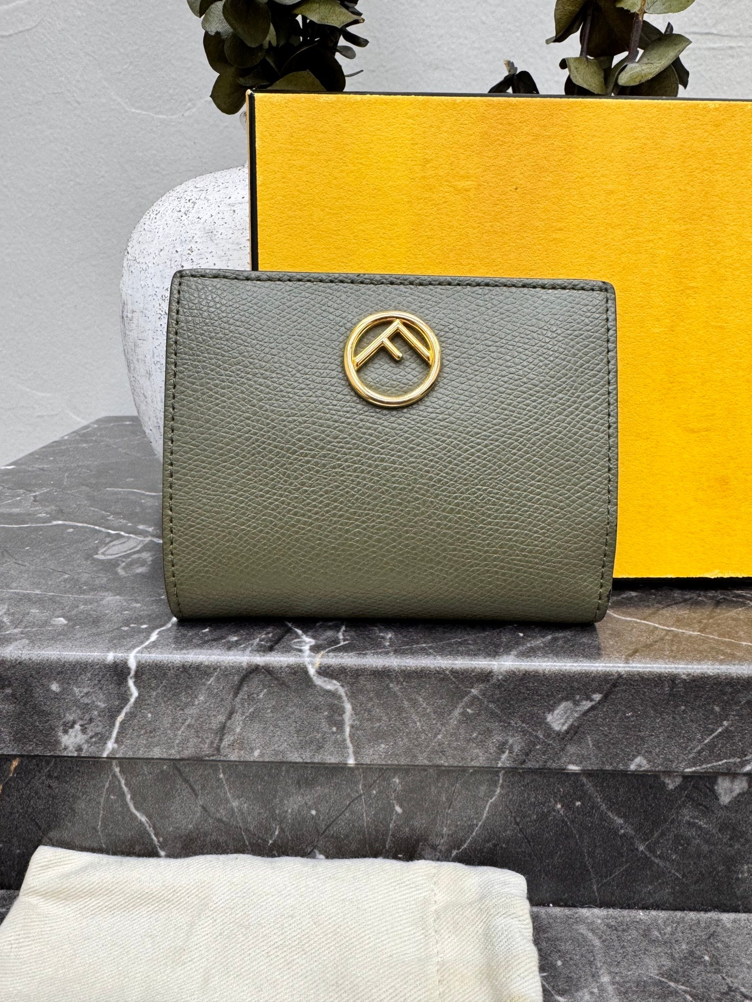 Fendi Olive Green Grained Leather Bifold Compact Wallet