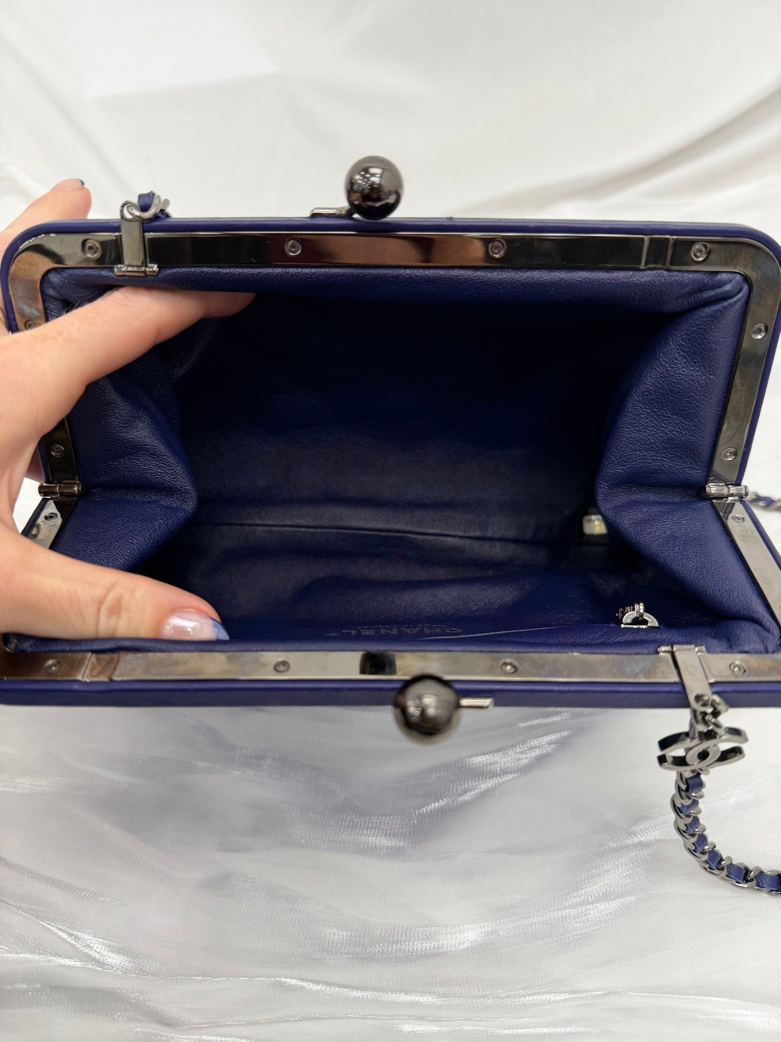 Chanel Blue Velvet Quilted Kiss Lock Clutch on a Chain