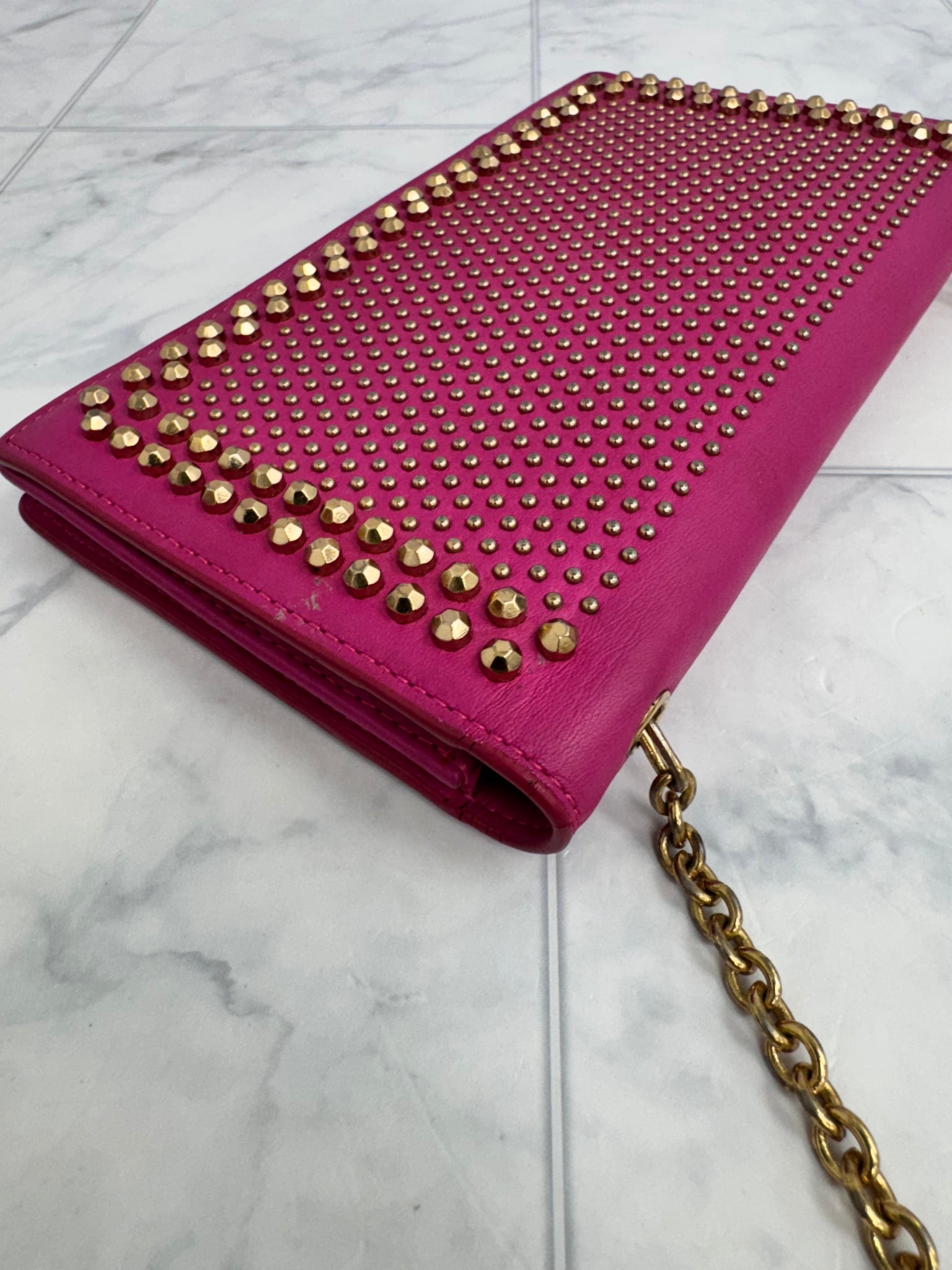 MCM Pink Studded Leather Wallet On A Chain