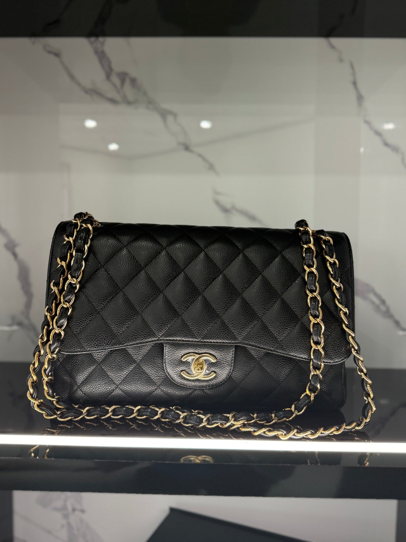 Chanel Black Caviar Leather Jumbo Classic Double Flap 