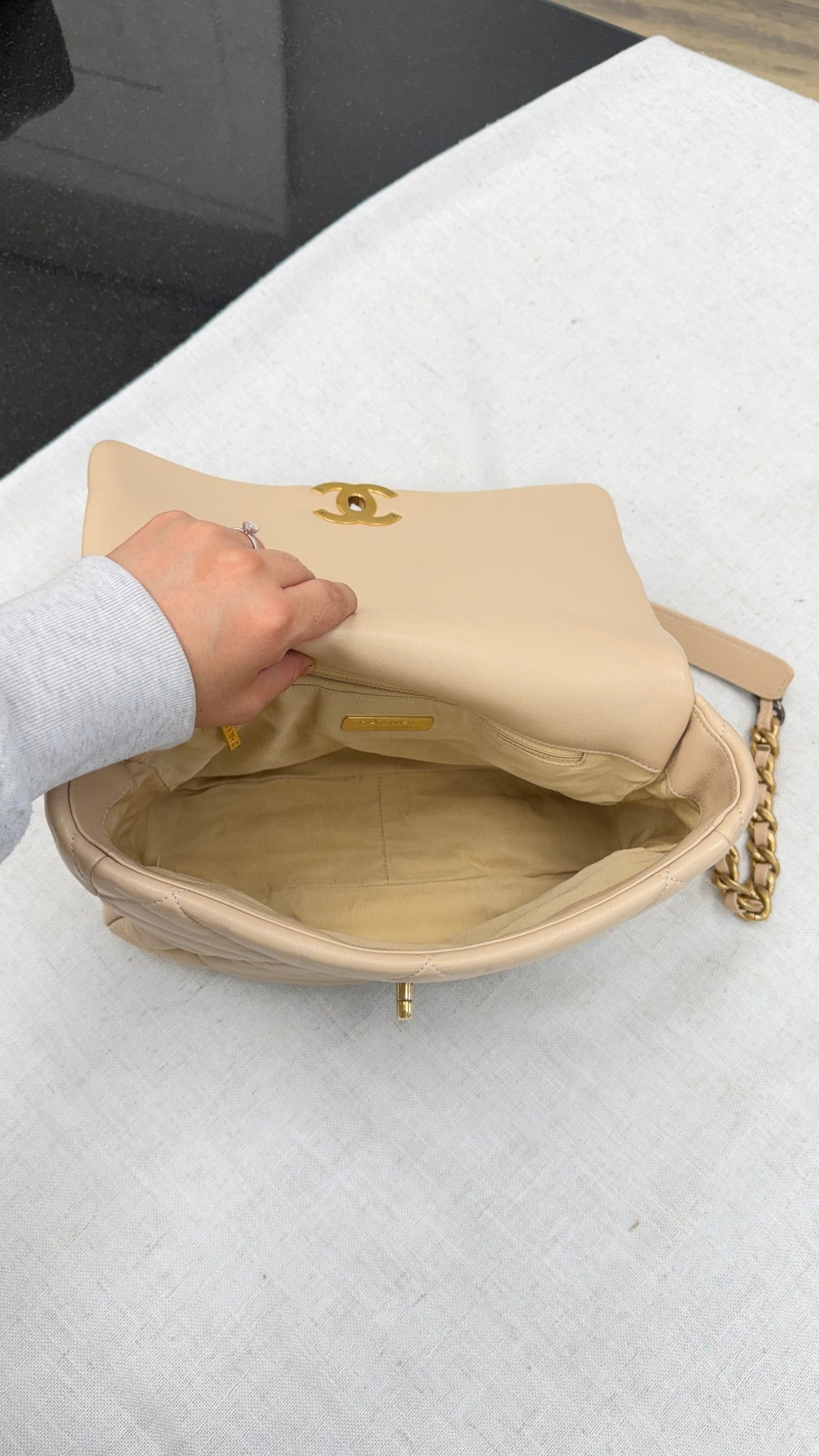 Chanel Beige Quilted Lambskin Leather Large 19 Flap Bag 