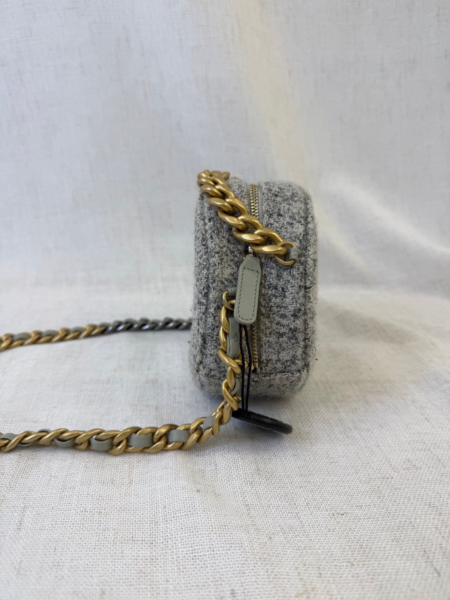 Chanel Gray Tweed 19 Quilted Round Clutch Bag