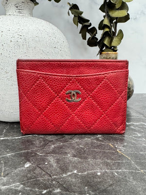 Chanel Red Diamond Quilted Caviar Leather Card Case