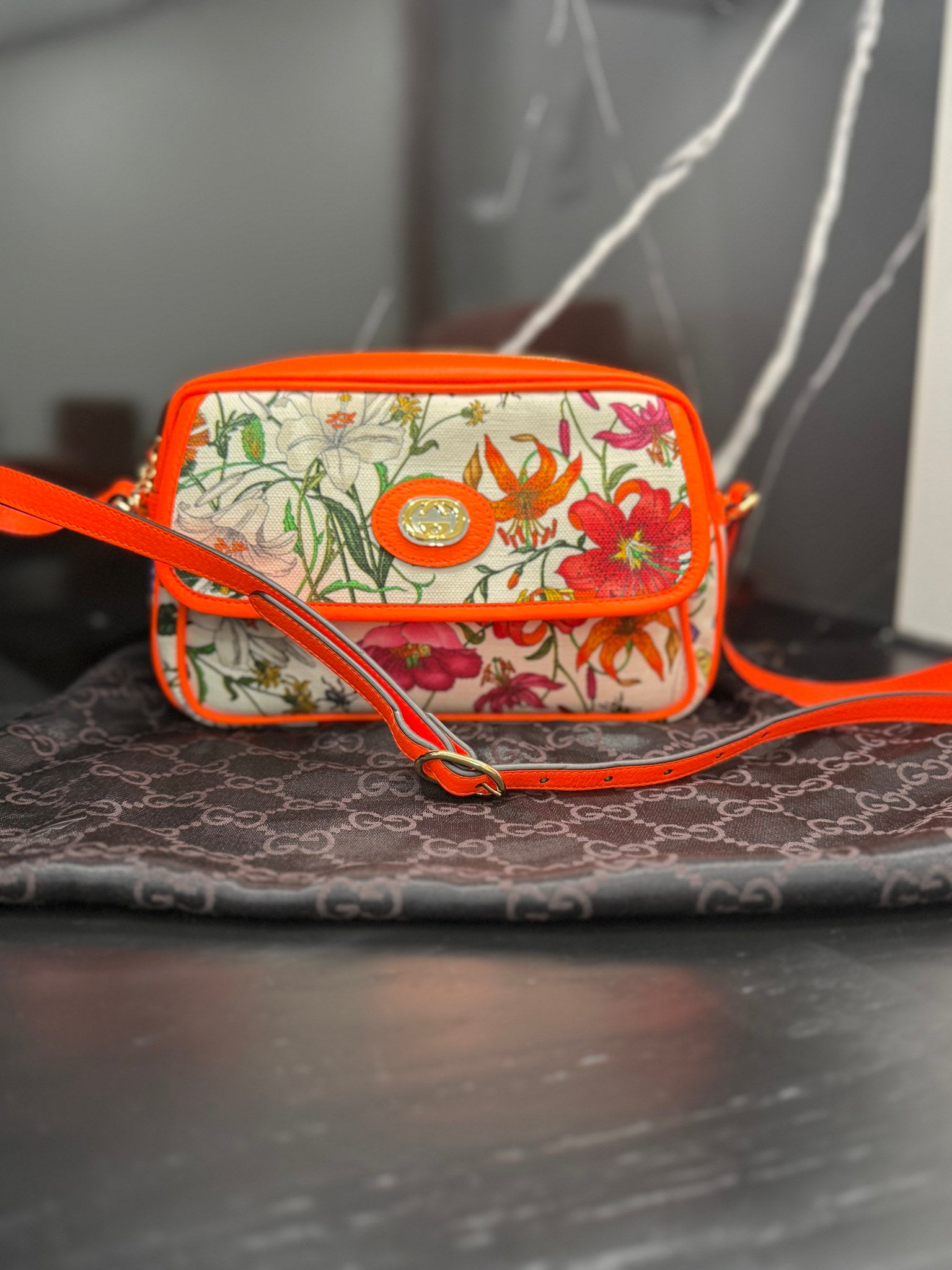 Gucci Flora Floral  Canvas & Neon Orange Shoulder Bag
