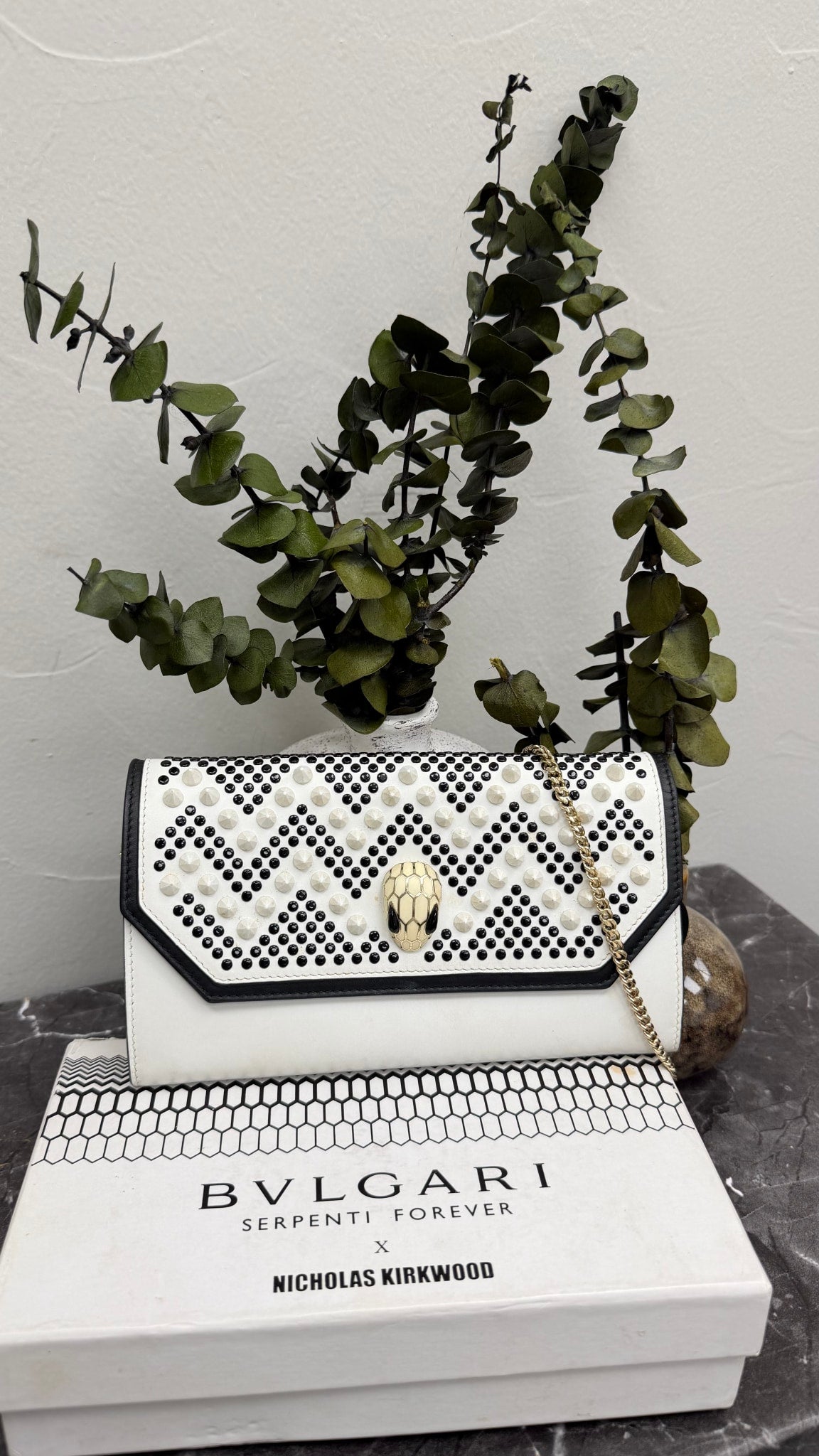 Bvlgari White Leather Studded Serpenti Forever Wallet On A Chain 