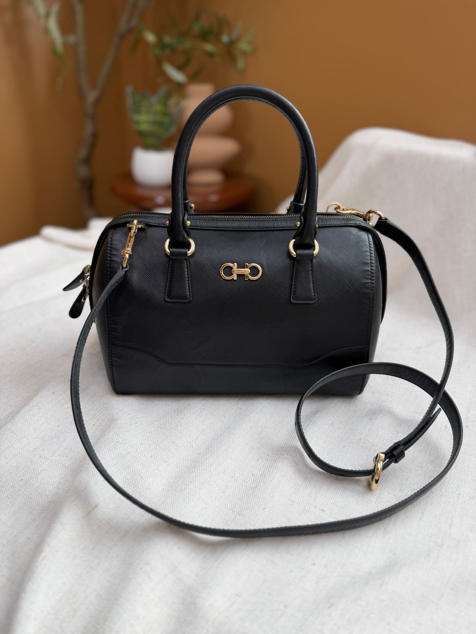 Salvatore Ferragamo Black Leather Boston Bag