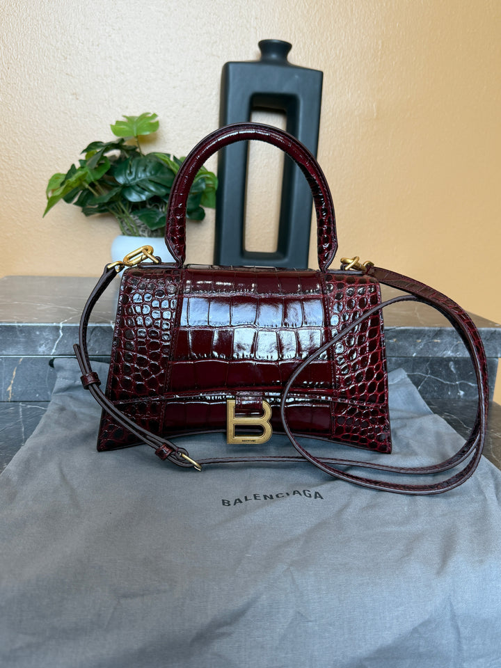 Balenciaga Burgundy Croc Embossed Small Hourglass Top Handle Bag