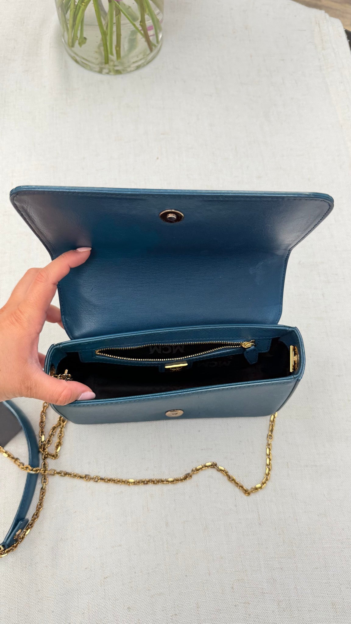 MCM Blue Saffiano Leather Chain Crossbody Bag