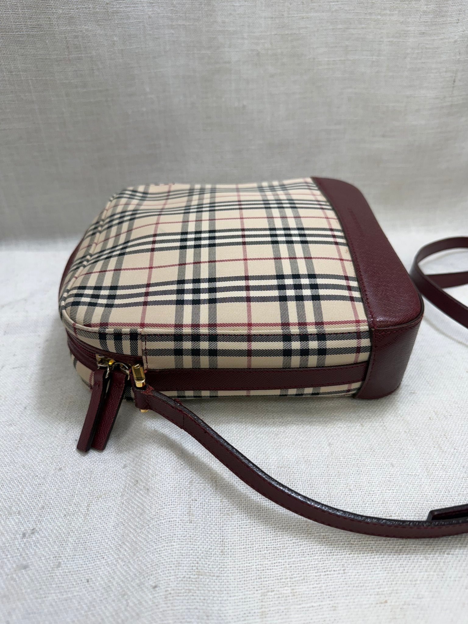 Burberry Burgundy Canvas Nova Check Crossbody Bag