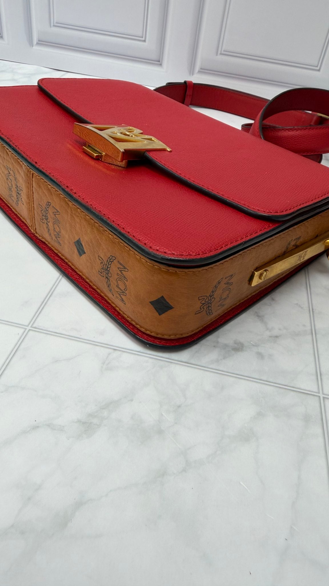 MCM Red Leather & Visetos Print Mena Shoulder Bag