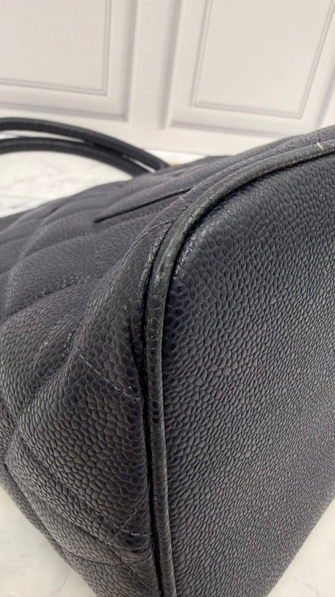Chanel Navy Quilted Caviar Leather Medallion Tote Bag