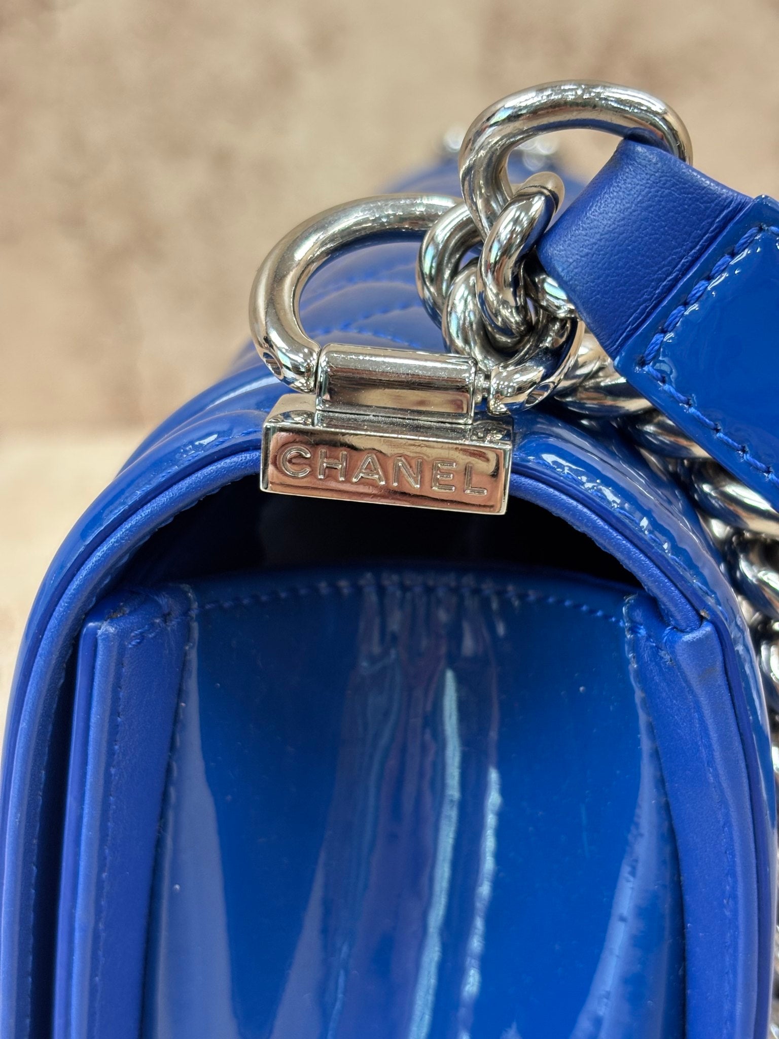 Chanel Blue Patent Leather Quilted Boy Bag