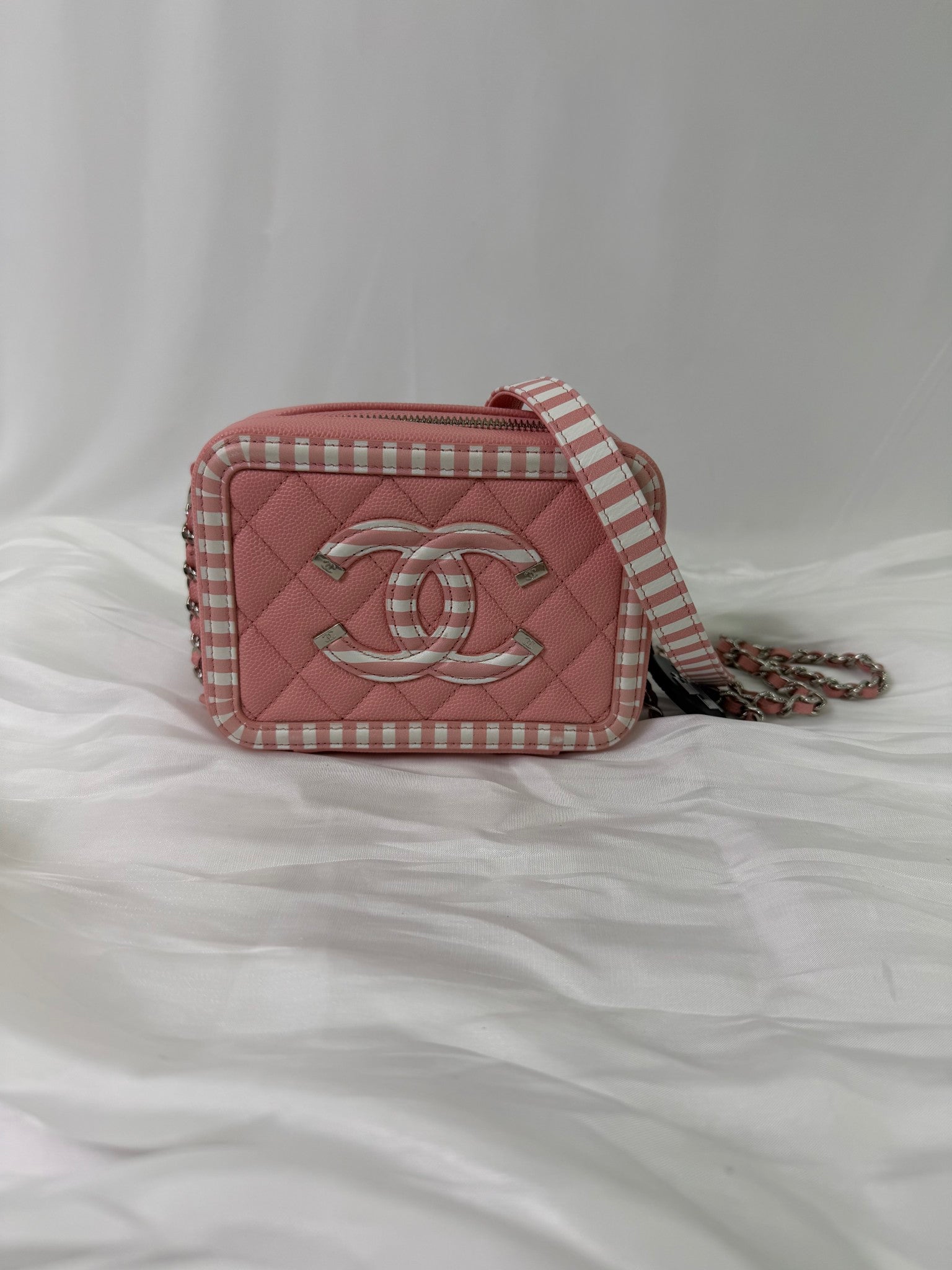 Chanel Pink Caviar Quilted Striped Vanity Bag