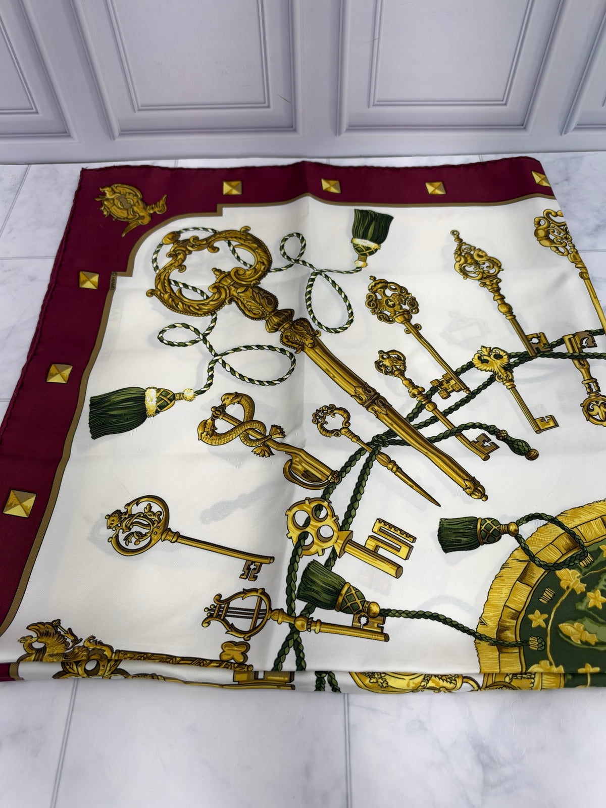 Hermes Burgundy & Ivory Silk Les Cles Scarf 
