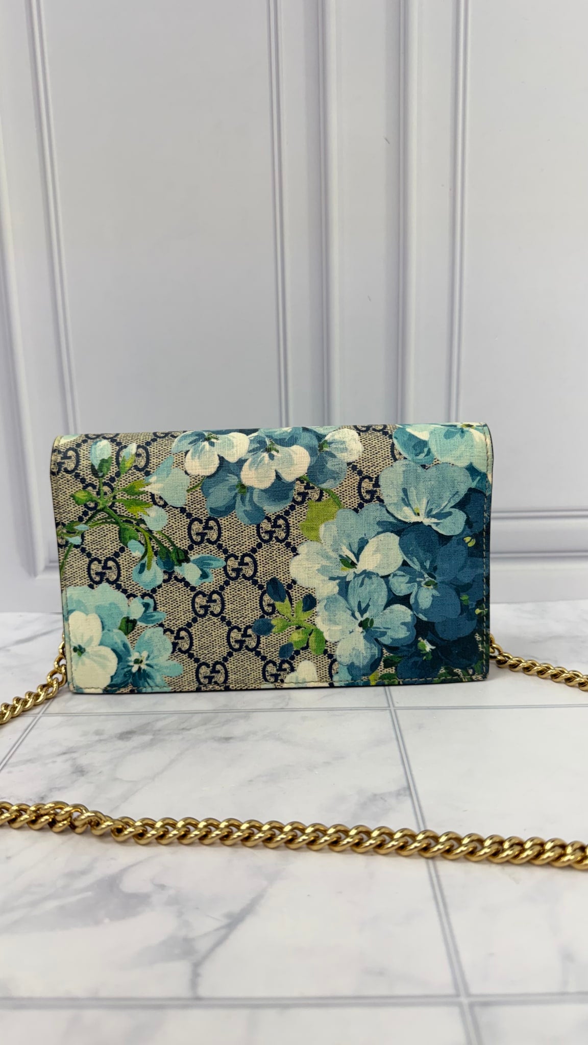 Gucci Blue GG Supreme Blooms Wallet on A Chain