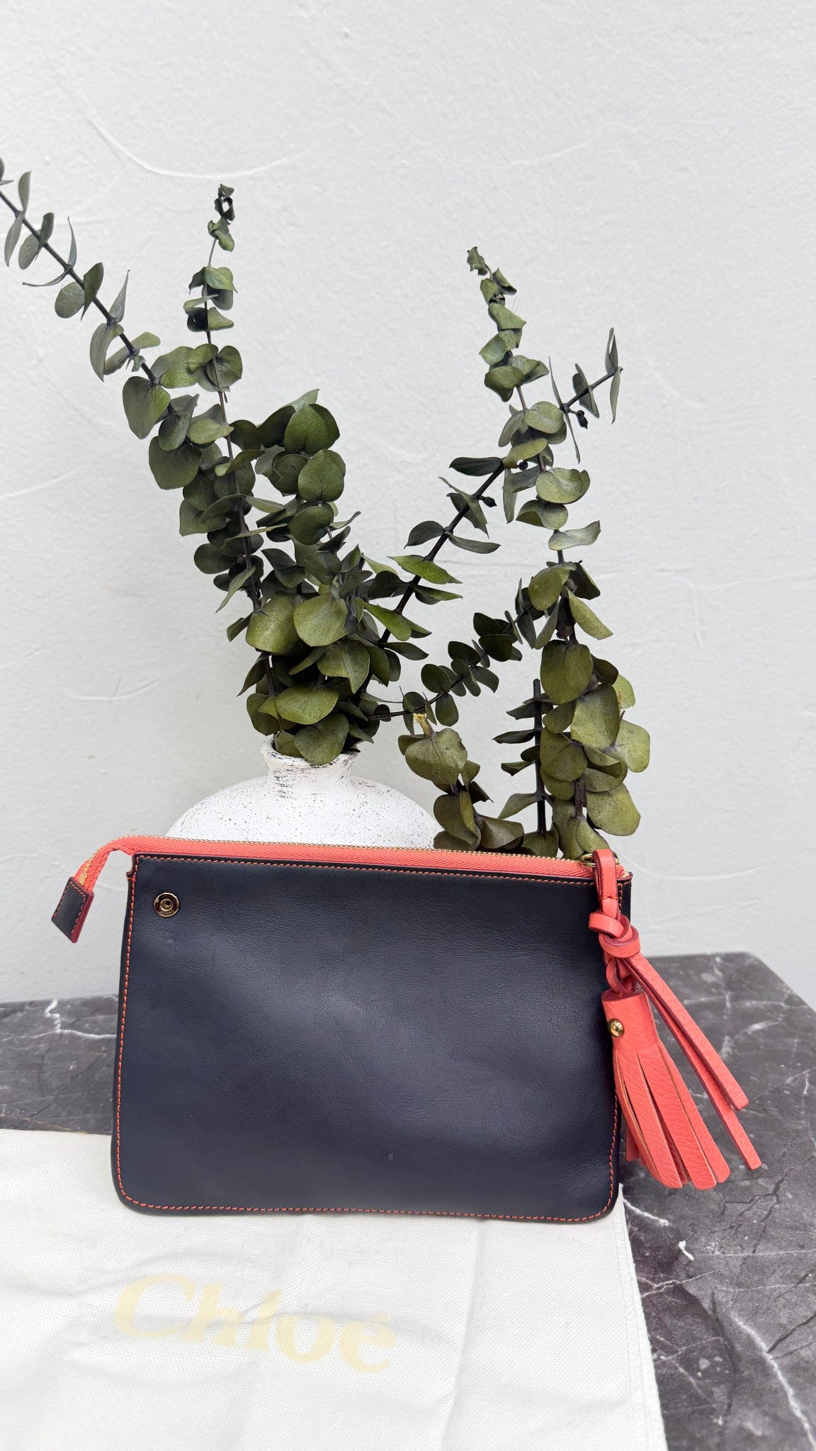 Chloe Black Leather Tassel Pouch Clutch