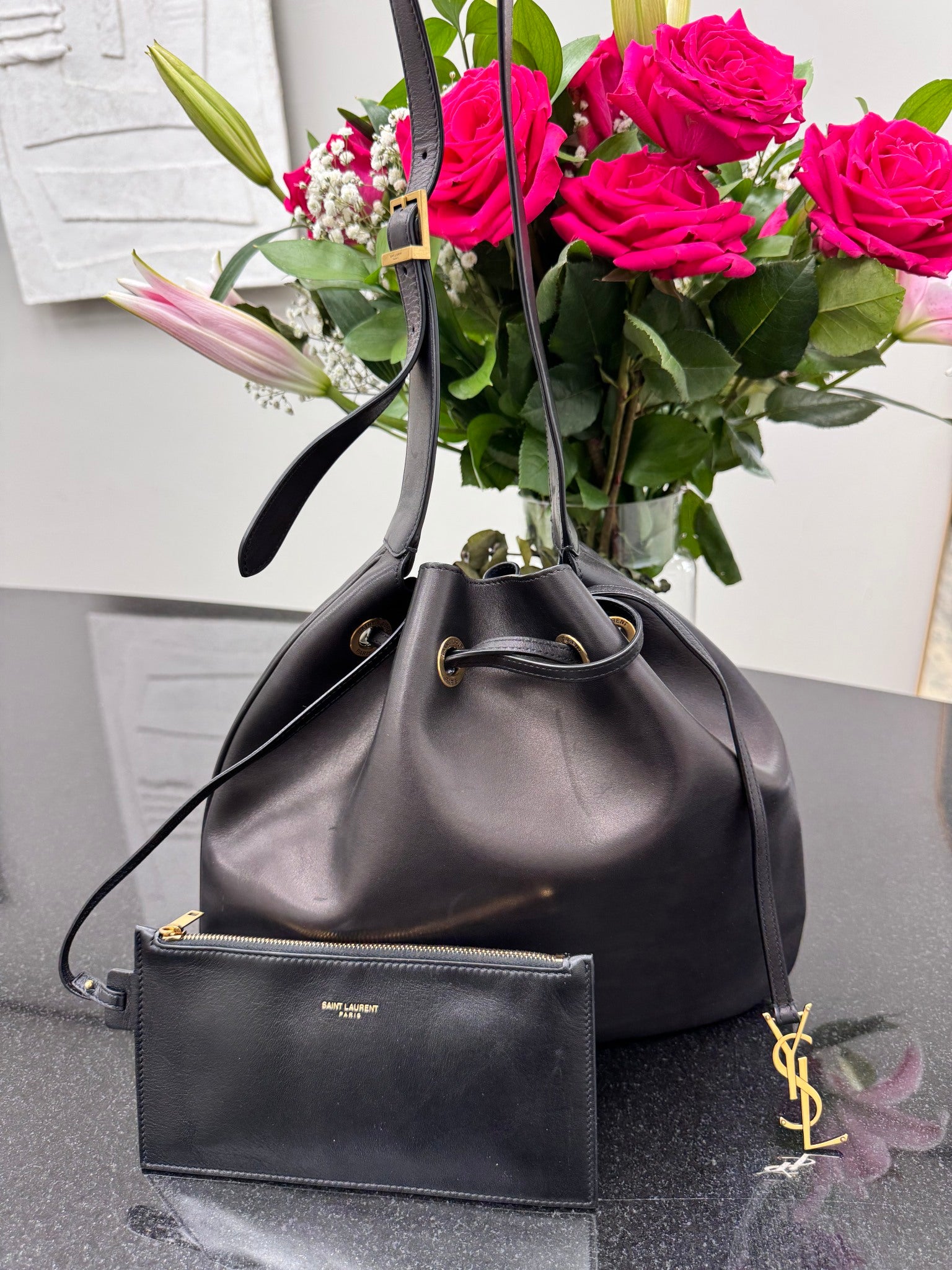 Saint Laurent Black Leather Paris VII Hobo Bag