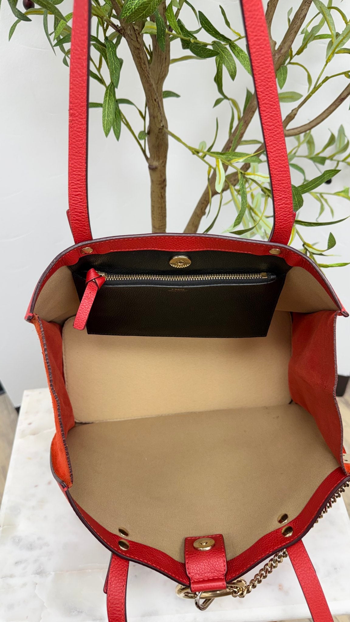 Chloe Red Grained Leather Faye Tote Bag