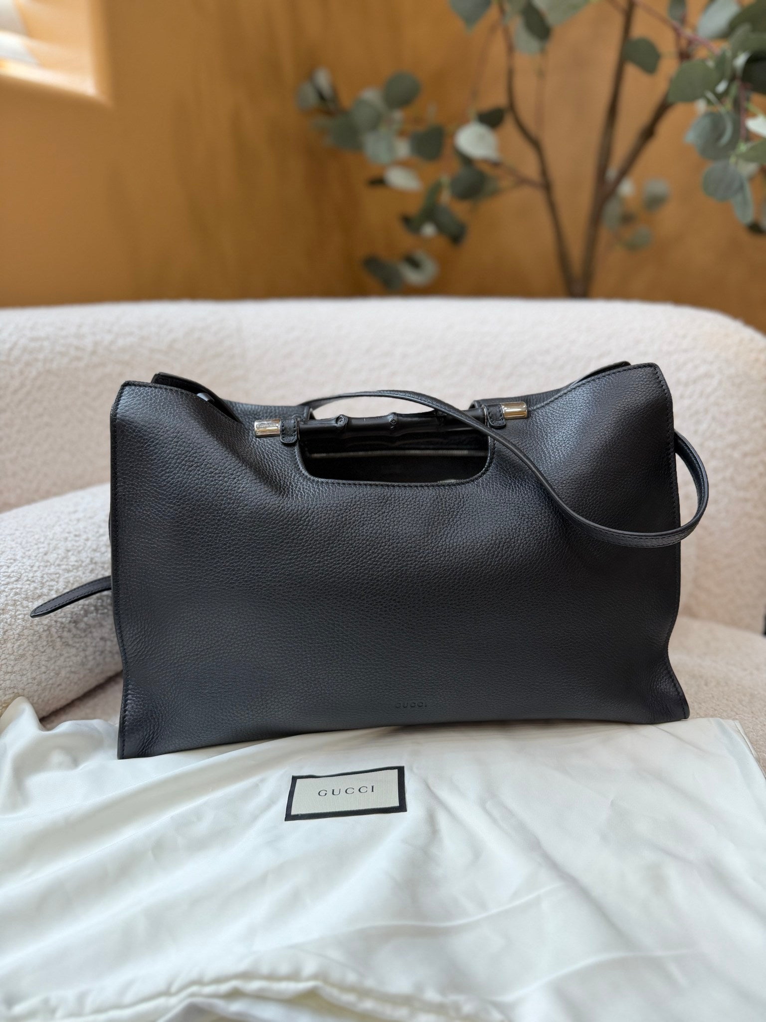 Gucci Black Leather Bamboo Handle Two Way Bag