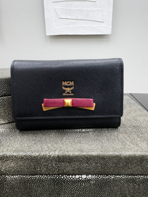 MCM Black Leather Mina Trifold Compact Wallet