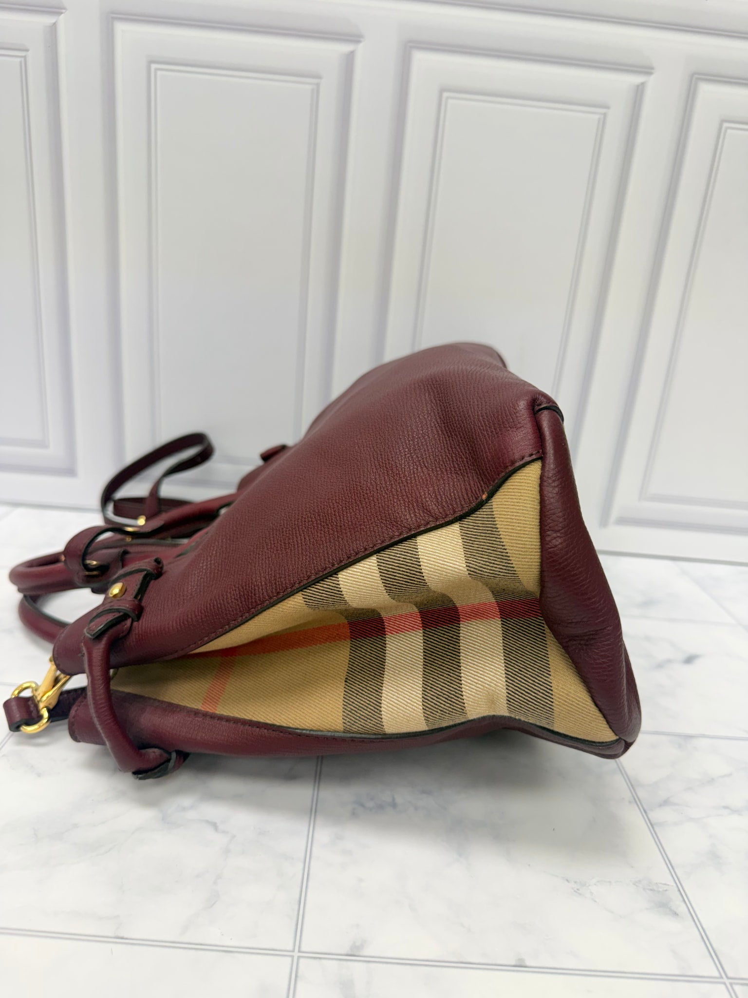 Burberry Burgundy Leather Banner Tote Bag