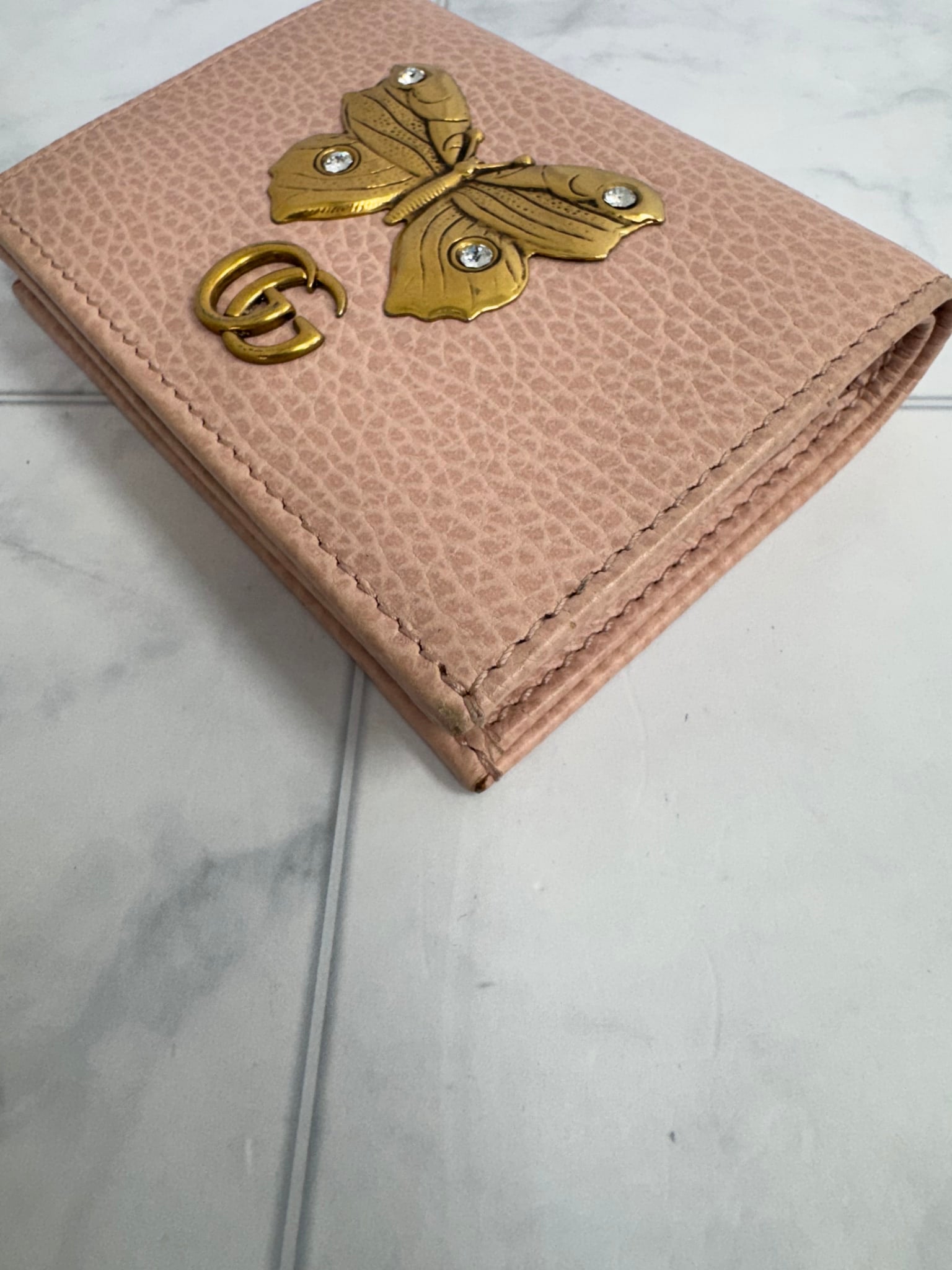 Gucci Pink Grained Leather Butterfly Compact Wallet