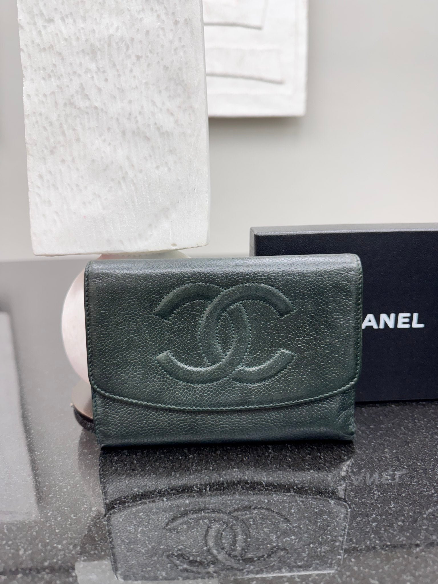 Chanel Dark Green Caviar Leather Compact Wallet