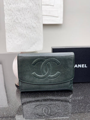 Chanel Dark Green Caviar Leather Compact Wallet