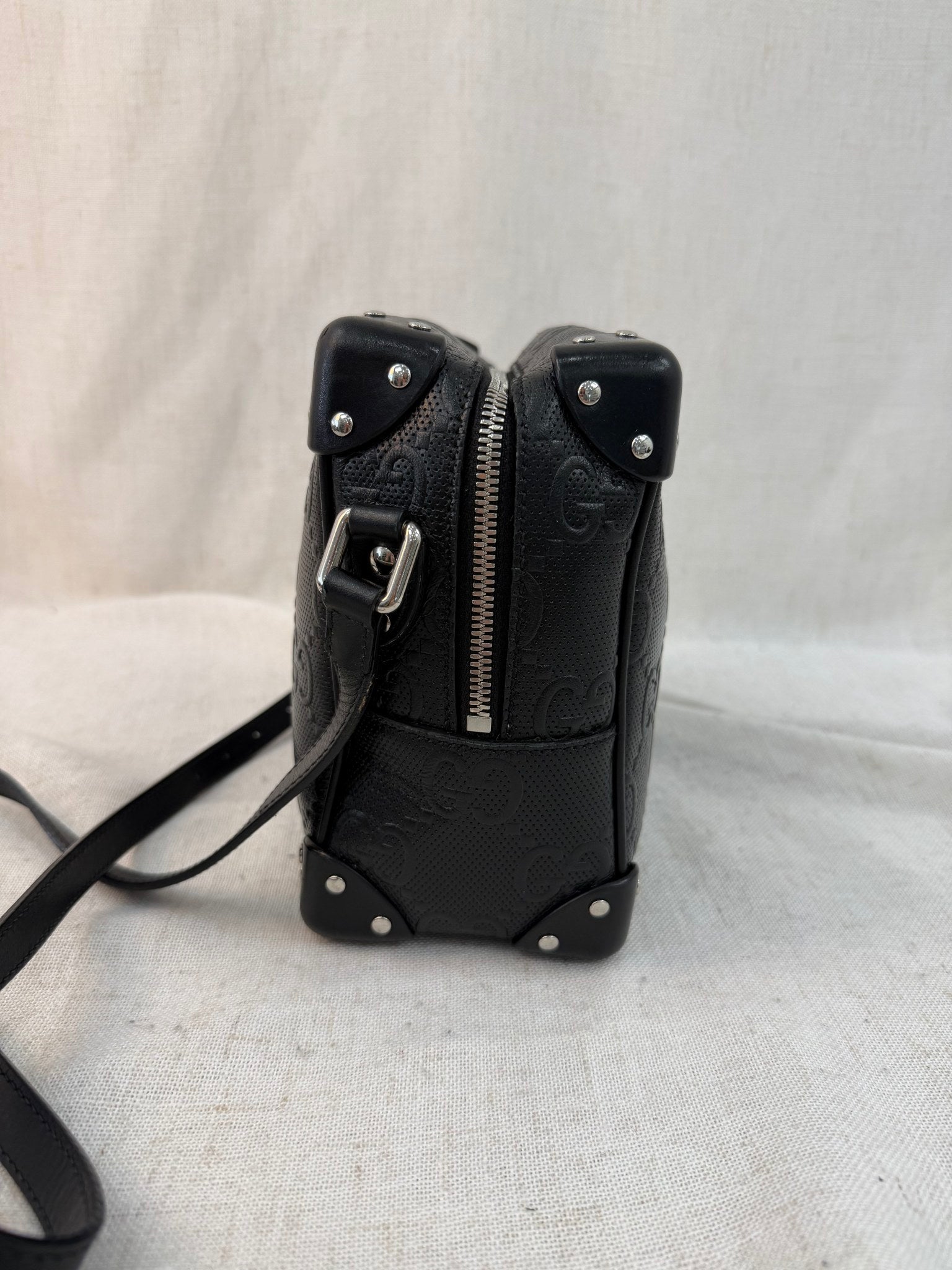 Gucci Black Leather GG Embossed Soft Trunk Crossbody Bag