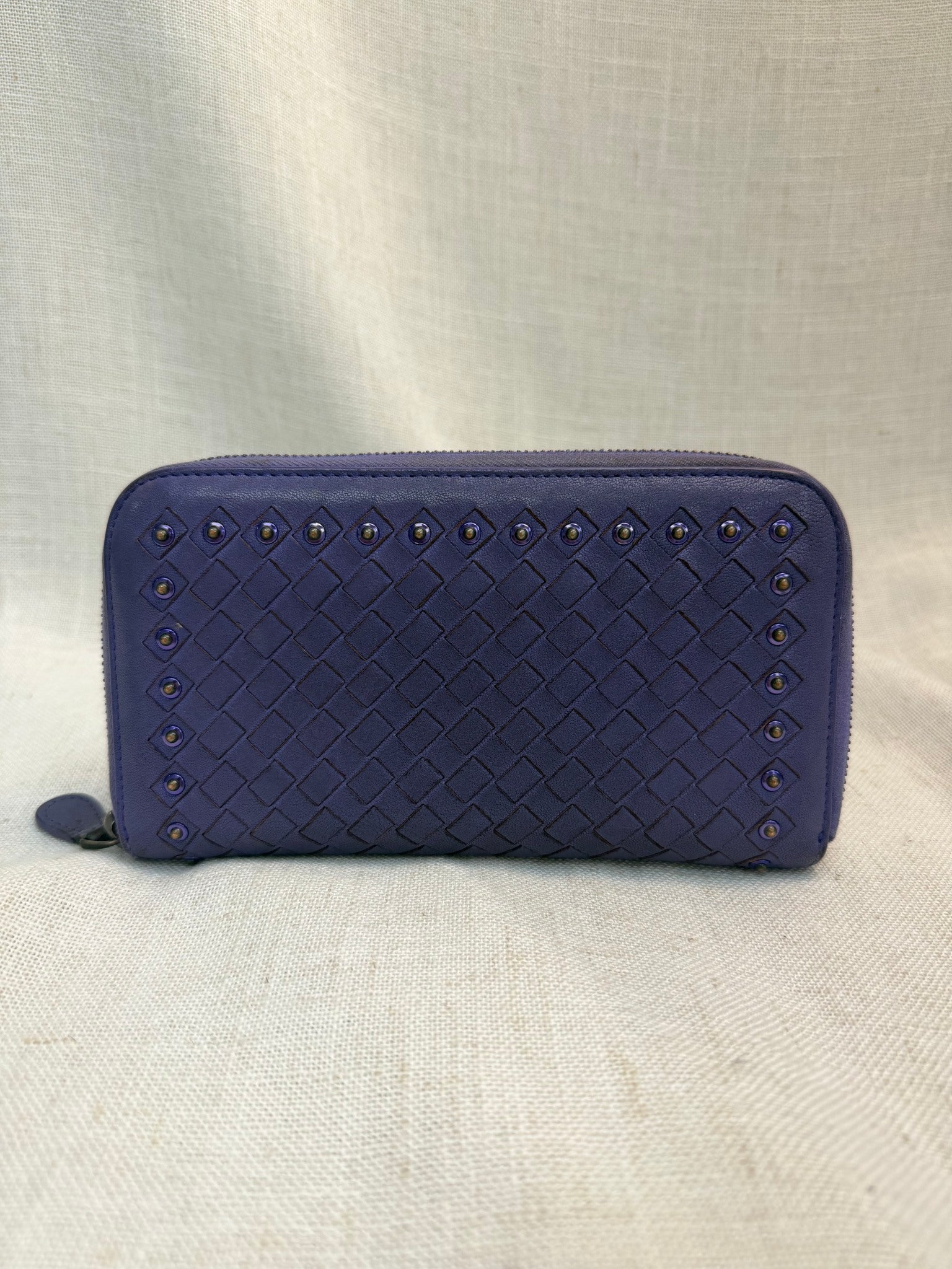 Bottega Veneta Purple Leather Studded Intrecciato Zippy Wallet
