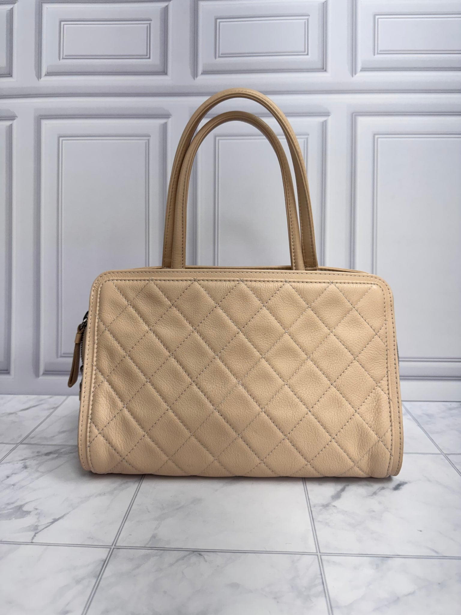 Chanel Beige Vintage Quilted Grained Leather Shoulder Bag