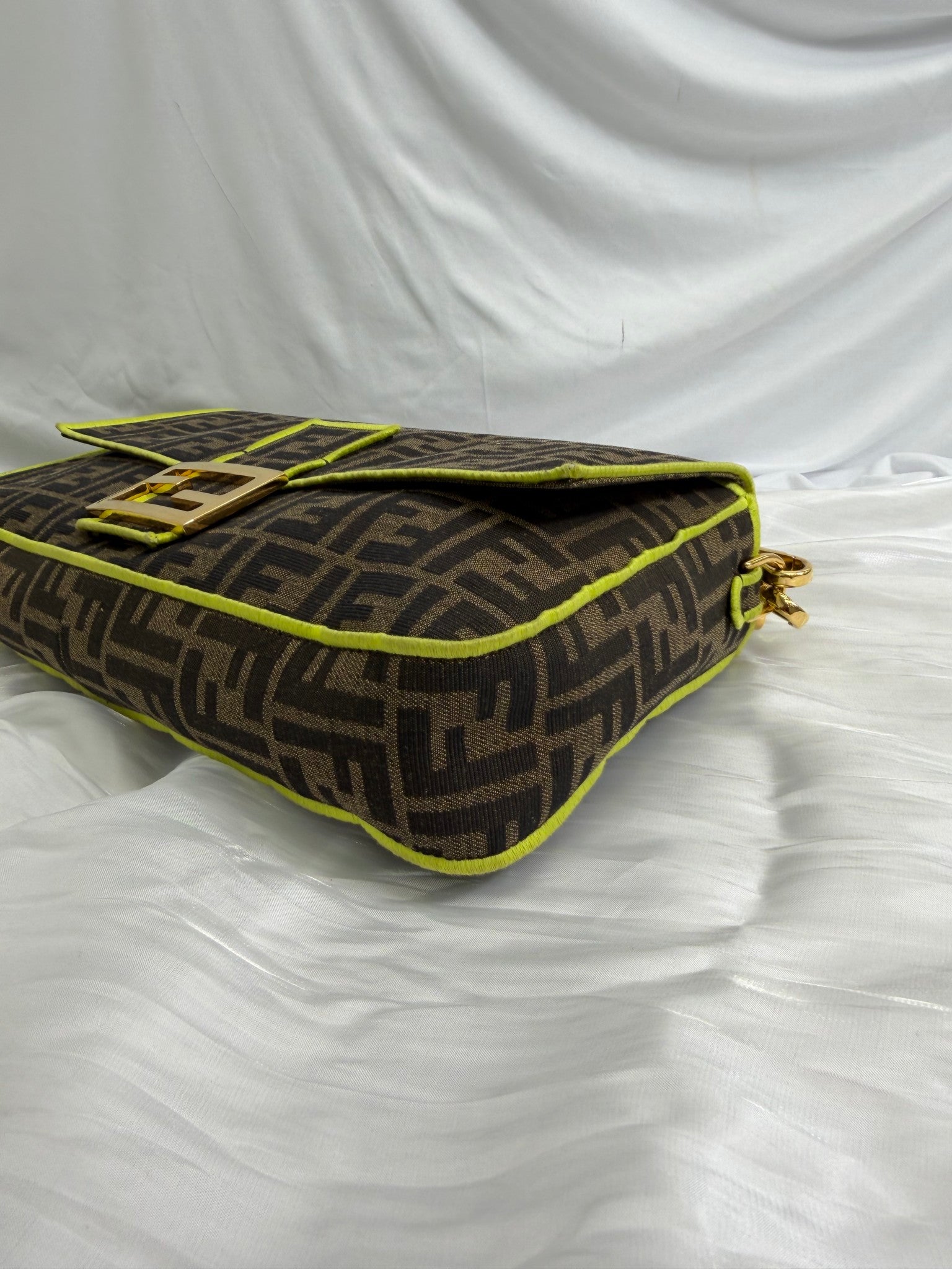 Fendi Brown & Green Zucca Large Baguette 2Way Bag
