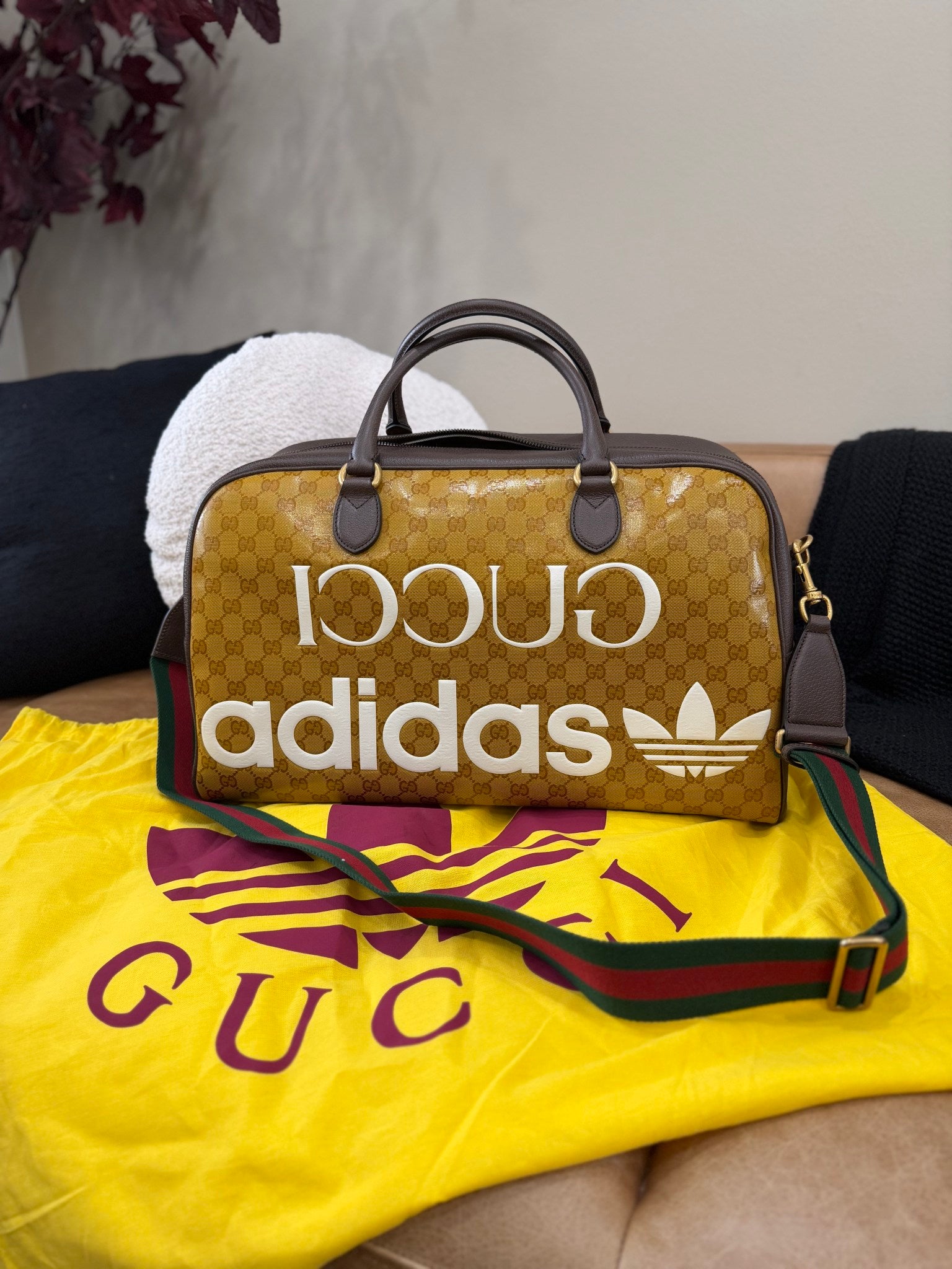 BRAND NEW- Gucci x Adidas GG Coated Canvas & Brown Leather Large Duffle Bag